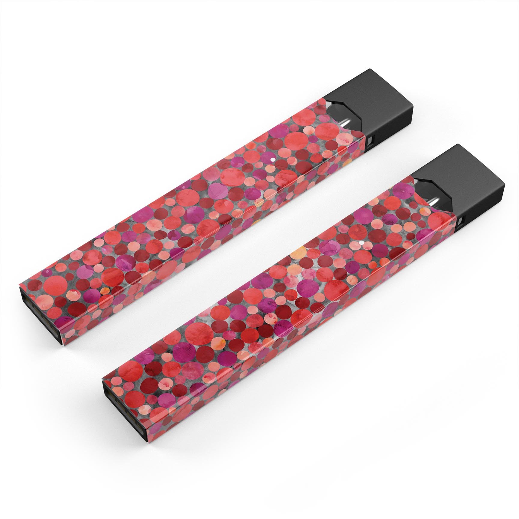 Mixed Red Watercolor Dots skin-wrap sticker designed for JUUL vaping device, showcasing vibrant colors and precise cut.