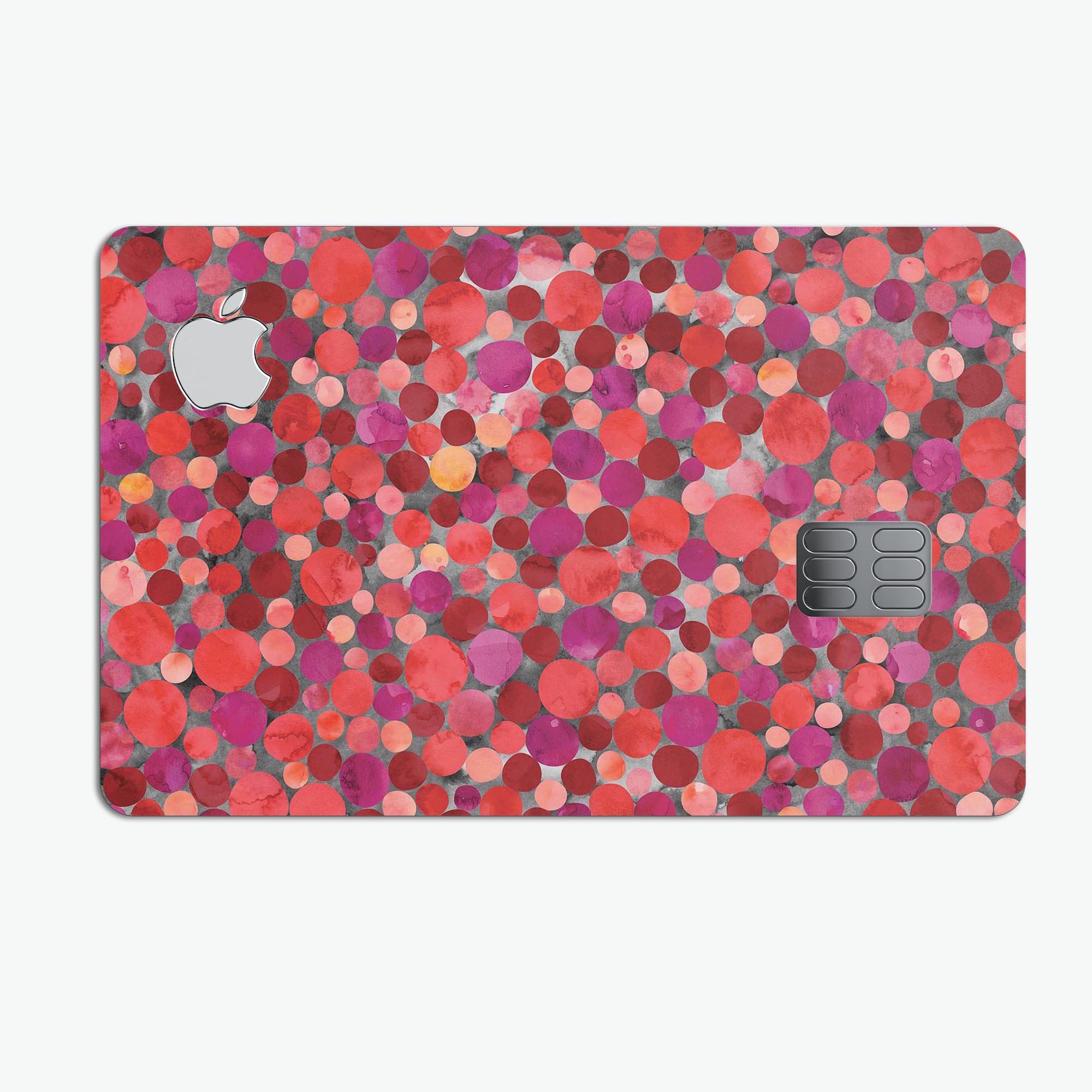 Mixed Red Watercolor Dots skin decal for Apple Card, showcasing vibrant colors and premium vinyl material.