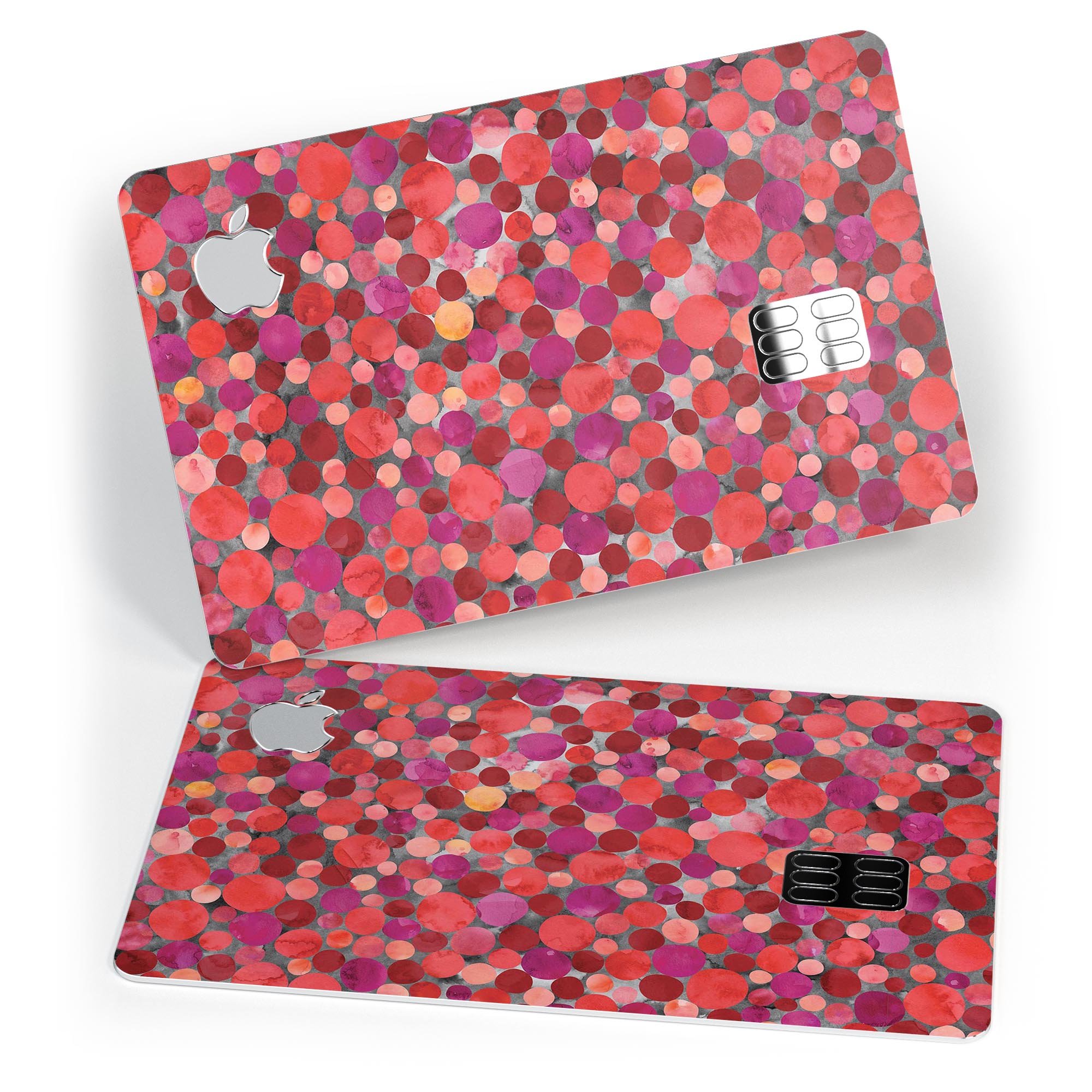 Mixed Red Watercolor Dots skin decal for Apple Card, showcasing vibrant colors and premium vinyl material.