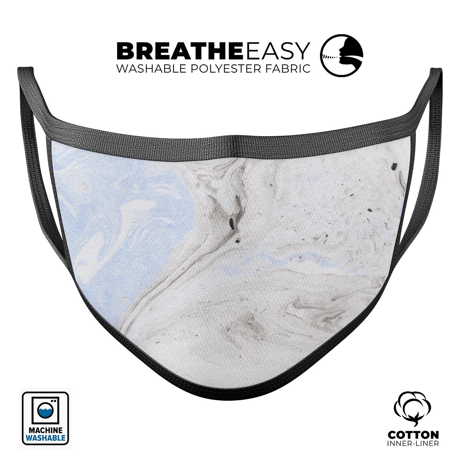 Mixtured blue and gray v3 textured marble reusable face mask, featuring adjustable ear loops and soft cotton interior.