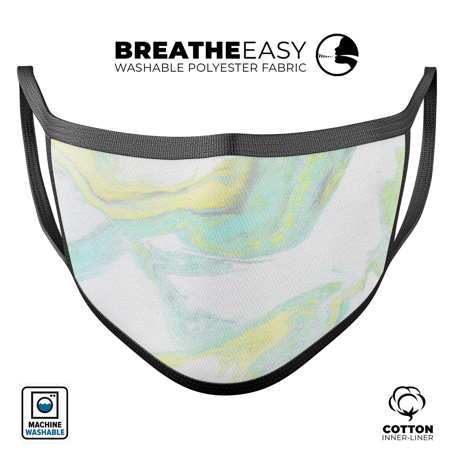 Mixtured Mint and Yellow Textured Marble reusable face mask, showcasing its vibrant colors and adjustable ear-loop bands.