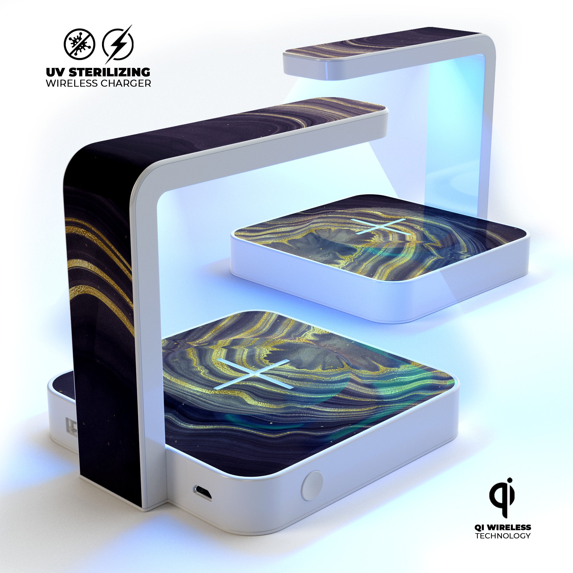 Modern Gold Dark Agate V3 UV Germicidal Sanitizing Sterilizing charger with wireless charging and sterilizing lamp features.