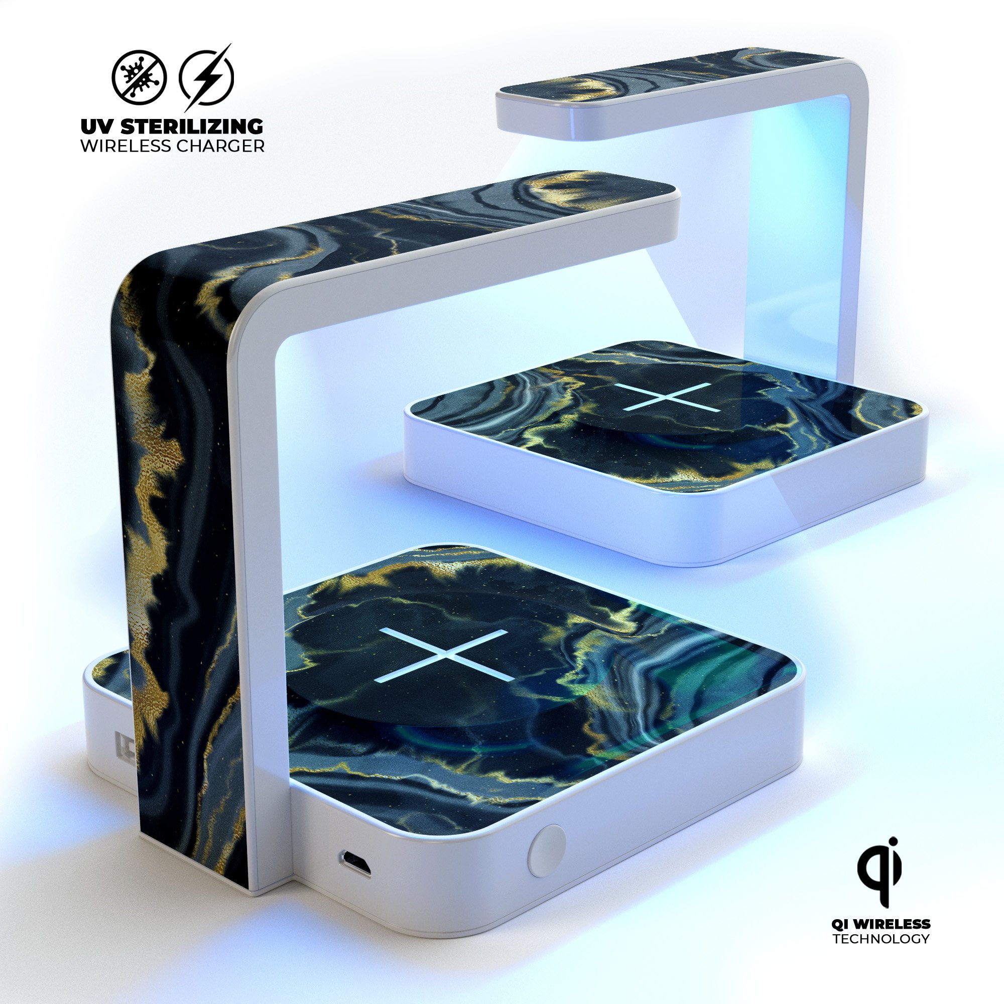 Modern Gold Dark Agate V4 UV Germicidal Sanitizing Sterilizing station with wireless charging capabilities and decorative skin-kit.