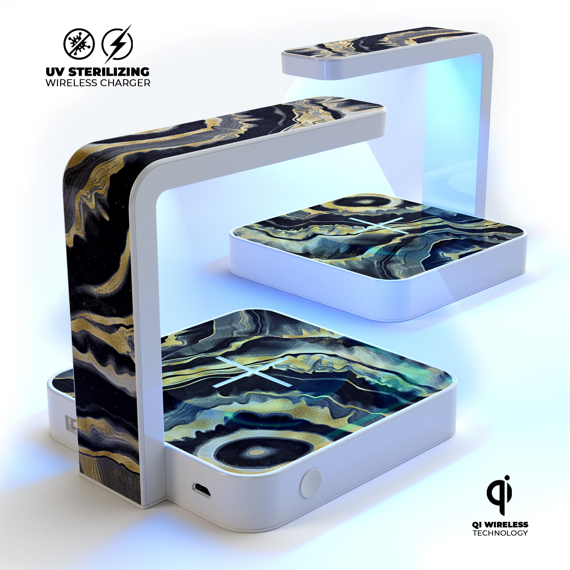 Modern Gold Dark Agate V9 UV Germicidal Sanitizing Sterilizing charger with wireless charging capabilities and decorative skin.