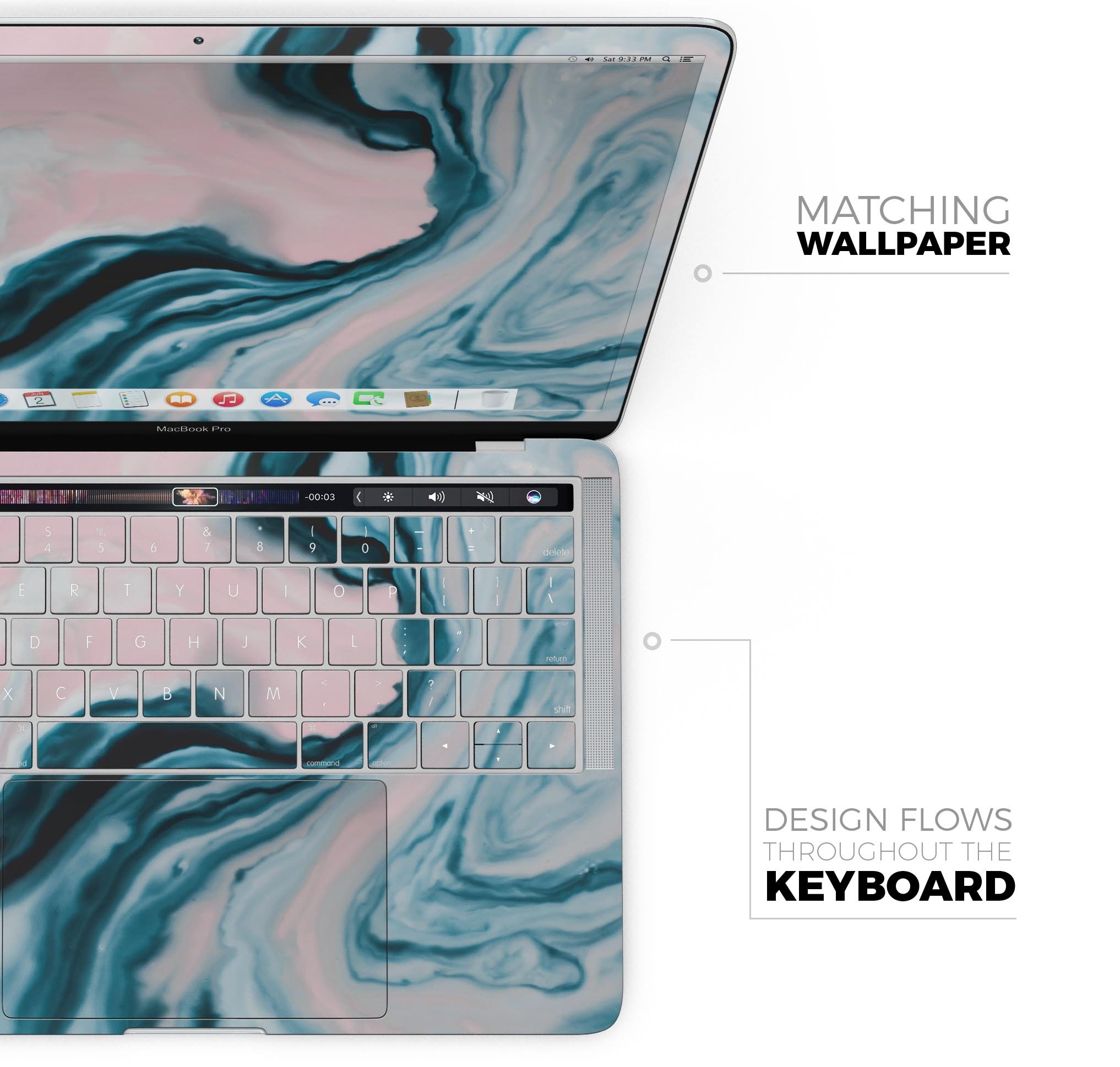 Modern Marble Aqua Mix V12 skin decal wrap kit for Apple MacBook, showcasing a stylish marble design with a premium vinyl finish.