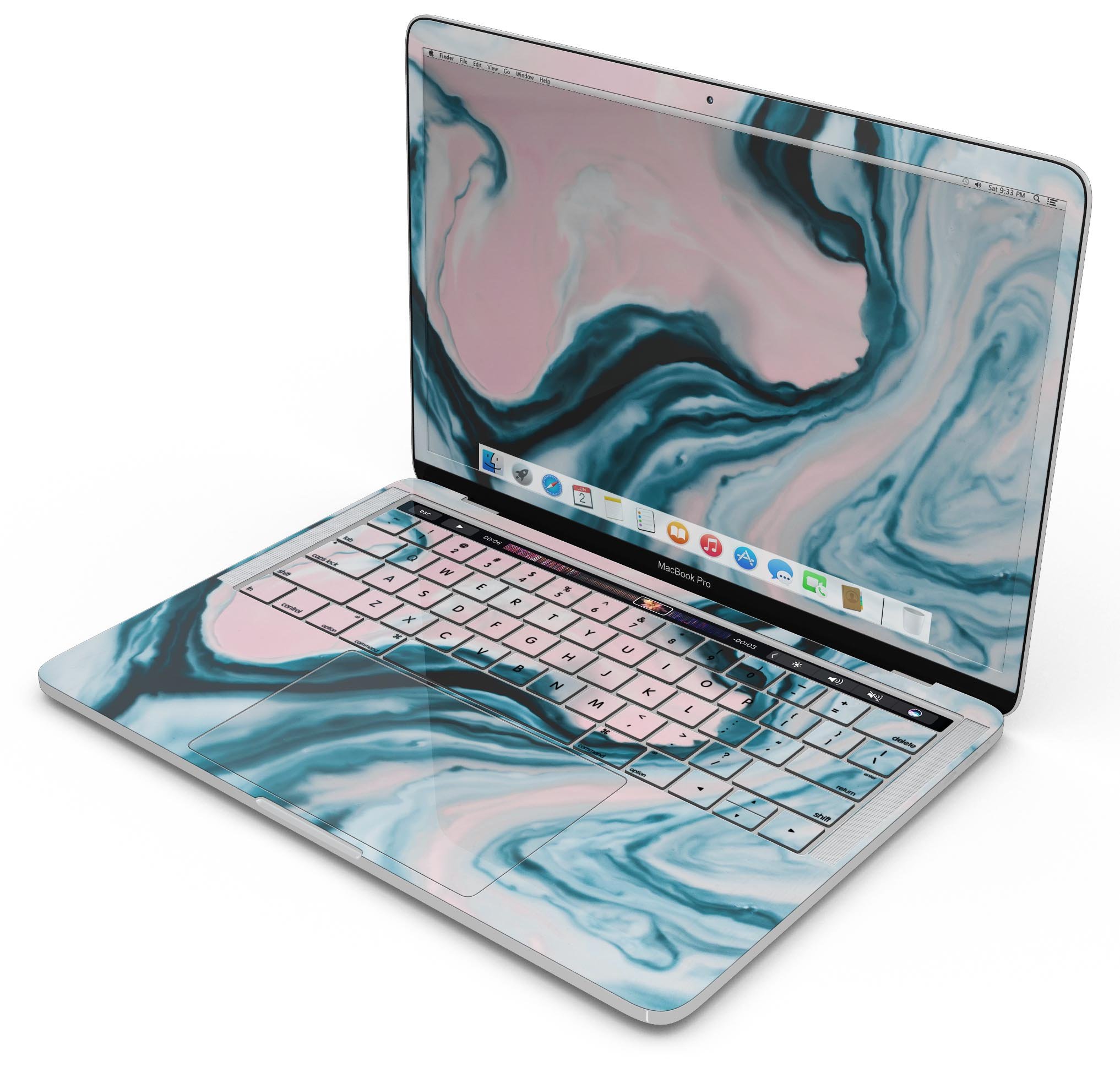 Modern Marble Aqua Mix V12 skin decal wrap kit for Apple MacBook, showcasing a stylish marble design with a premium vinyl finish.