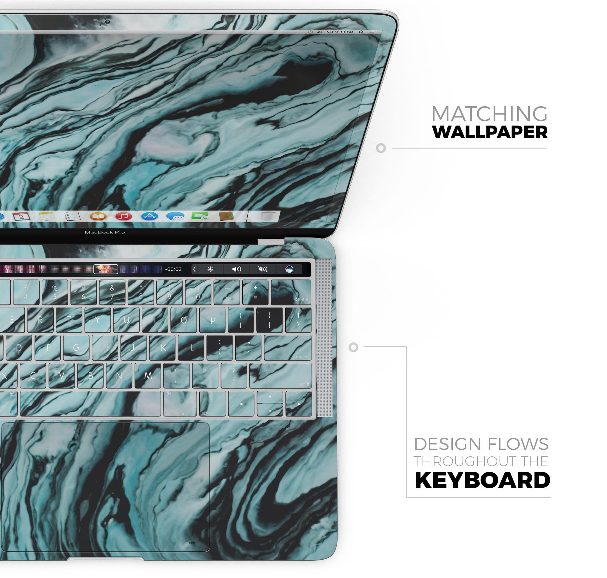 Modern Marble Aqua Mix V2 skin decal wrap kit for Apple MacBook, showcasing a stylish marble design with a soft-matte finish.