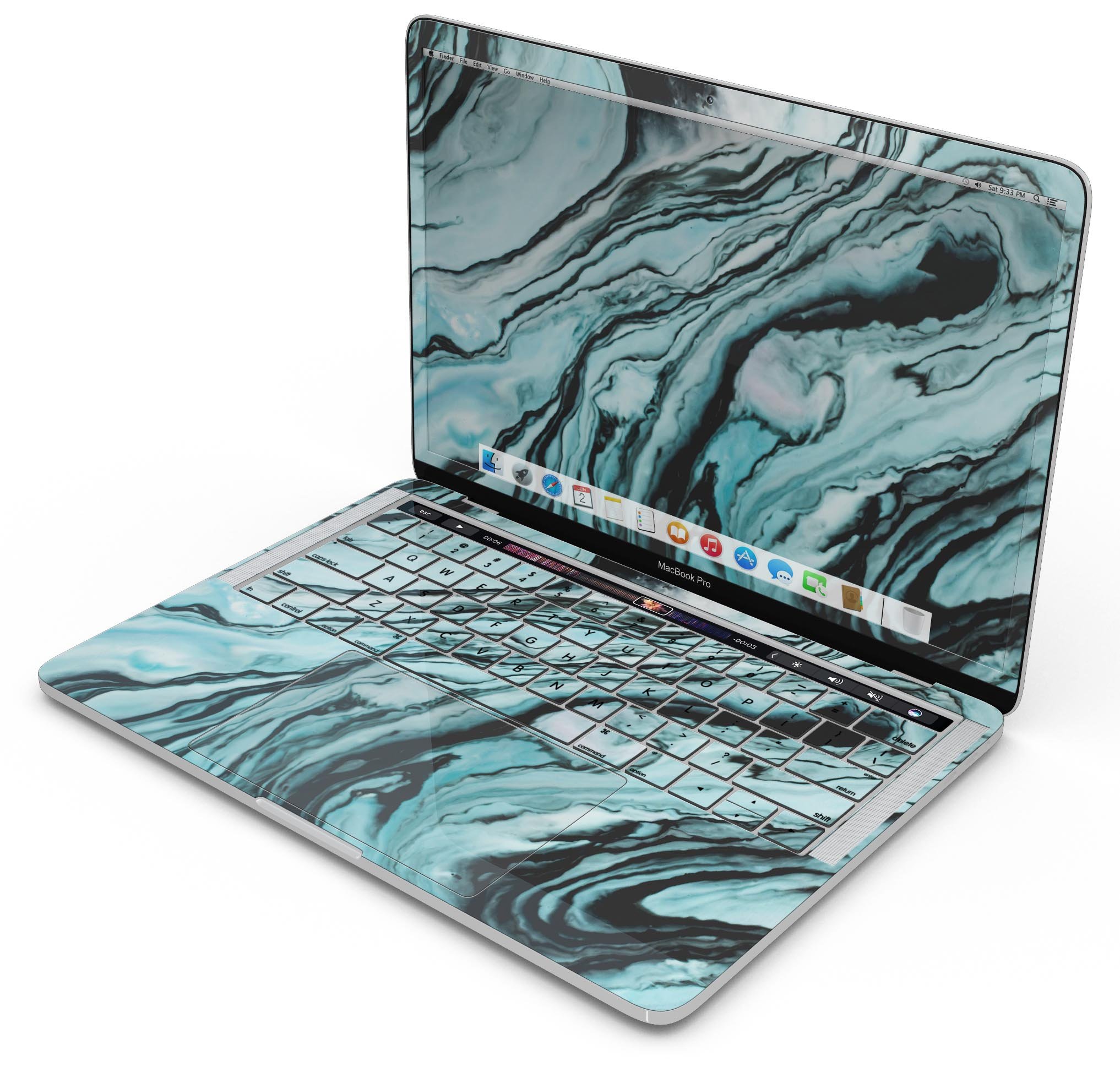 Modern Marble Aqua Mix V2 skin decal wrap kit for Apple MacBook, showcasing a stylish marble design with a soft-matte finish.