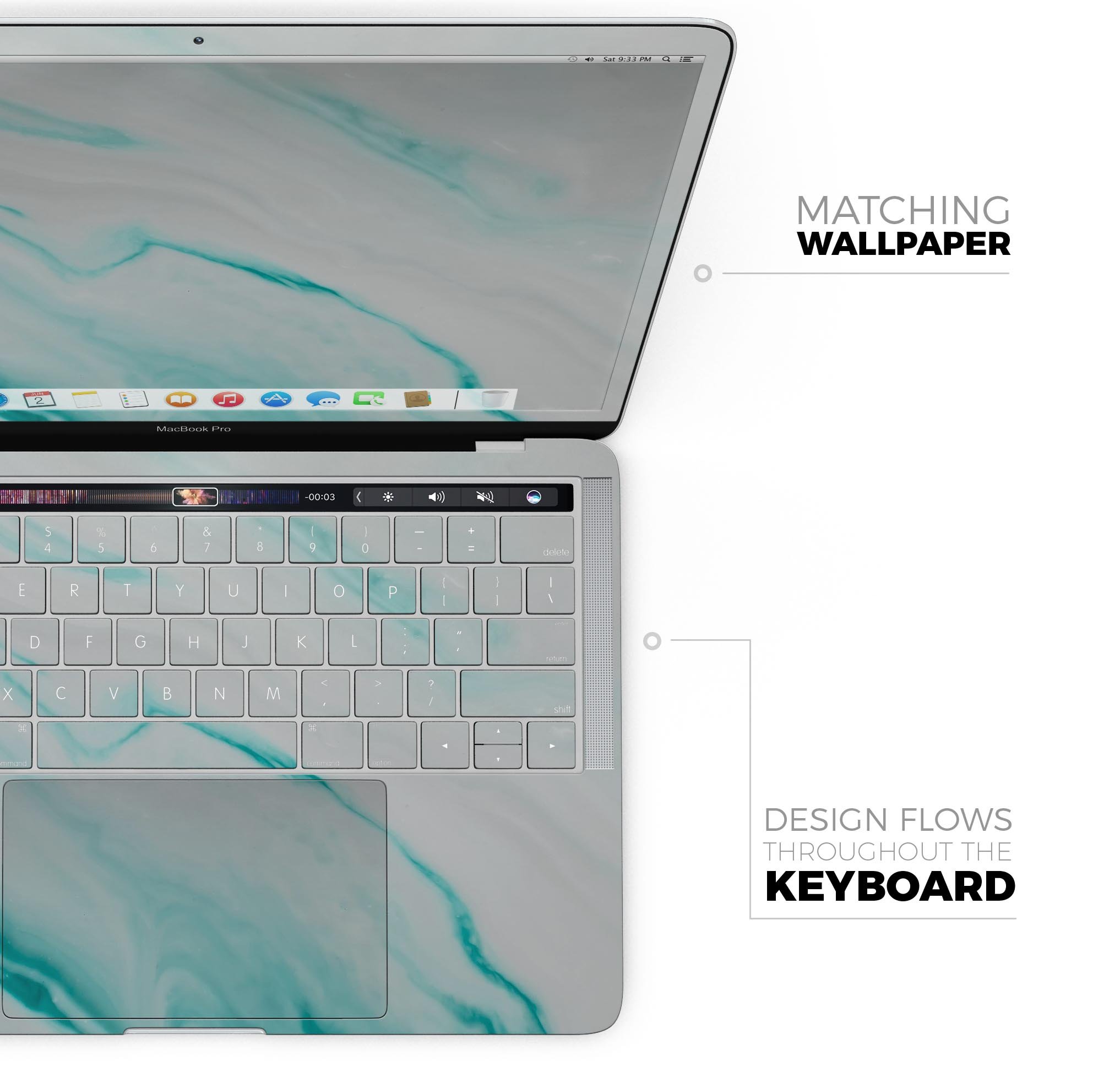 Modern Marble Aqua Mix V7 skin decal wrap kit for MacBook, showcasing a stylish marble design with a premium vinyl finish.