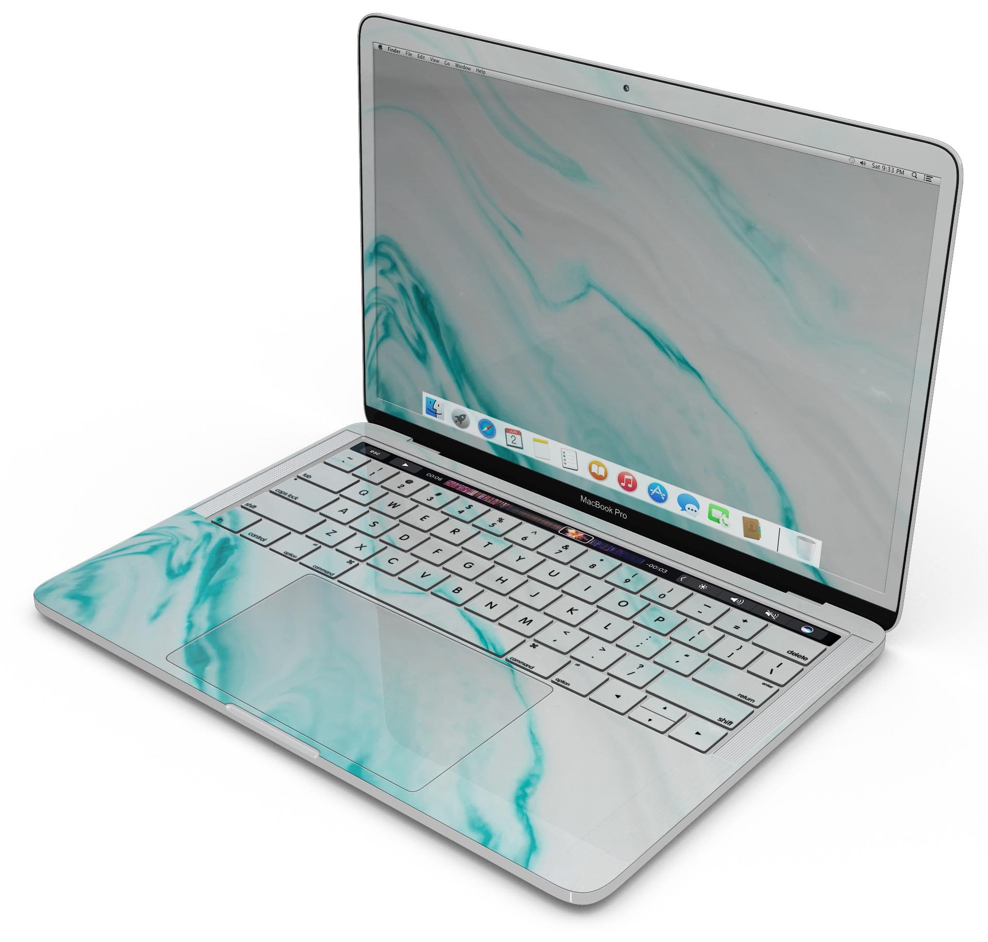 Modern Marble Aqua Mix V7 skin decal wrap kit for MacBook, showcasing a stylish marble design with a premium vinyl finish.