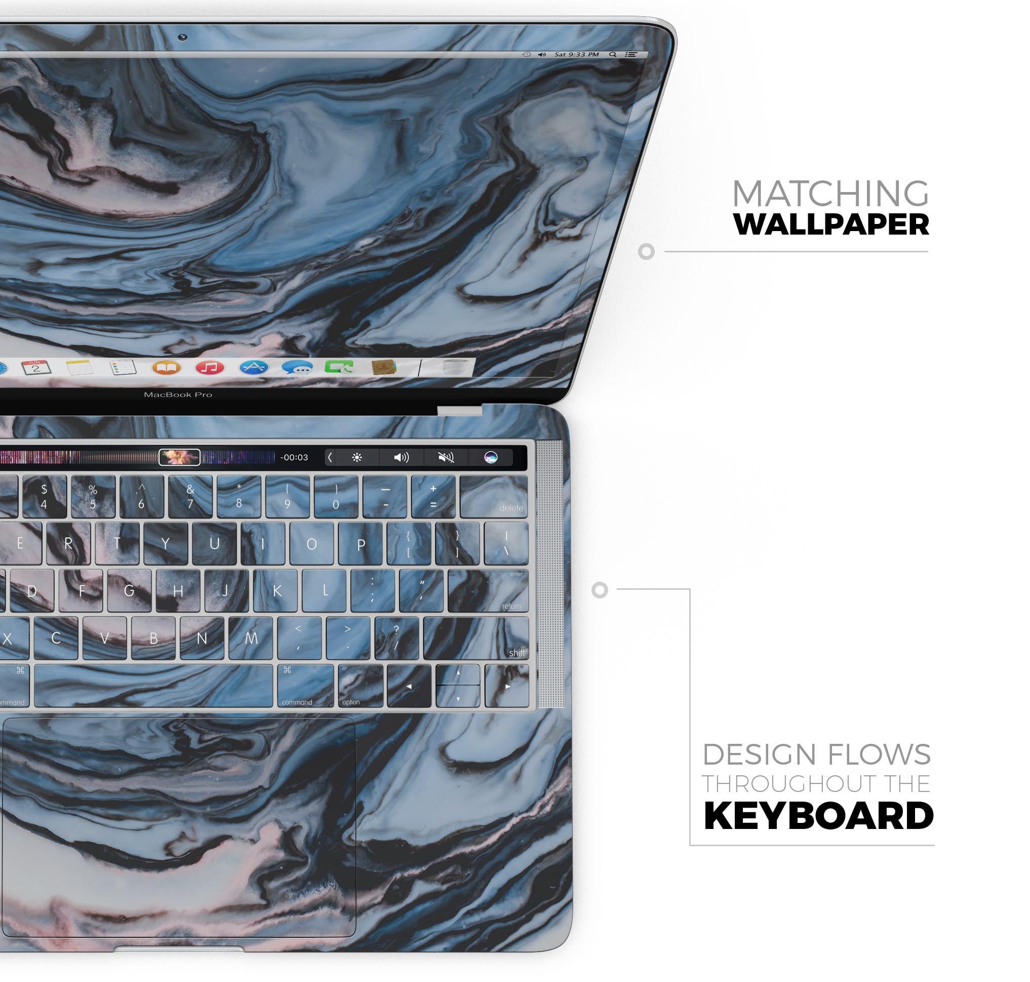 Modern Marble Subtle Blue Mix V1 skin decal wrap kit for MacBook, showcasing a stylish marble design with a soft-matte finish.