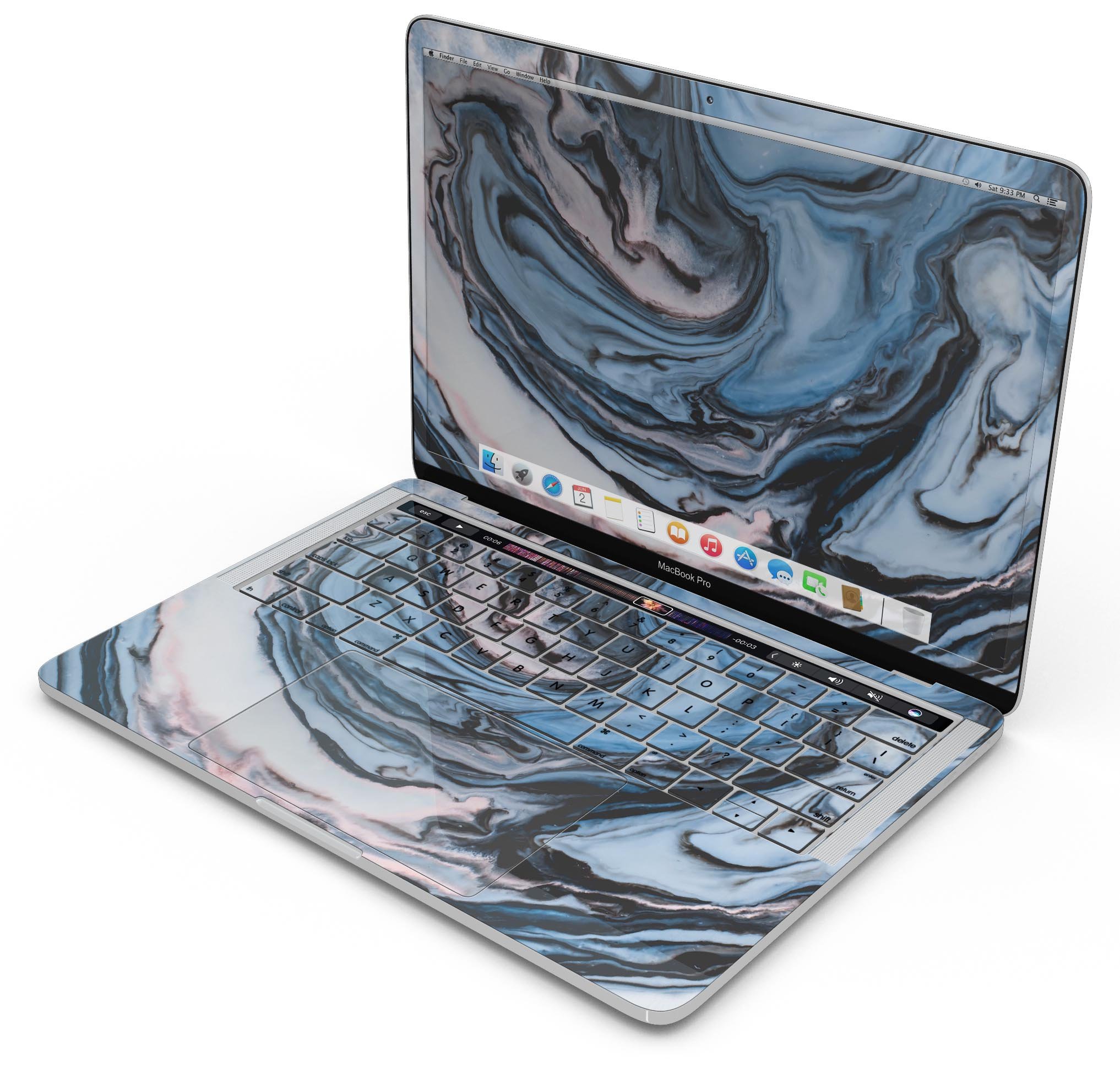 Modern Marble Subtle Blue Mix V1 skin decal wrap kit for MacBook, showcasing a stylish marble design with a soft-matte finish.