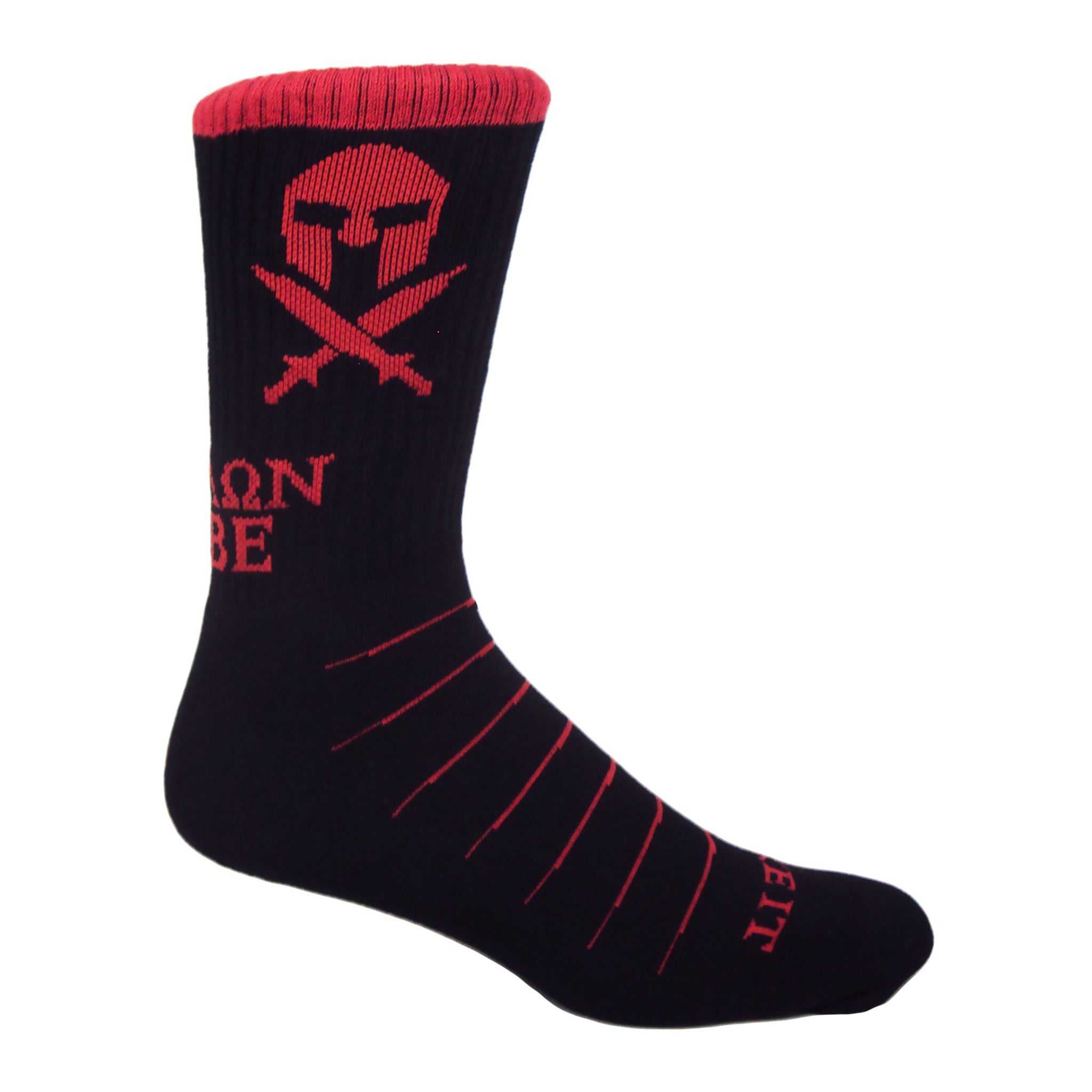 Molon Labe Spartan Crew Socks featuring a Spartan warrior design with swords and Greek text.