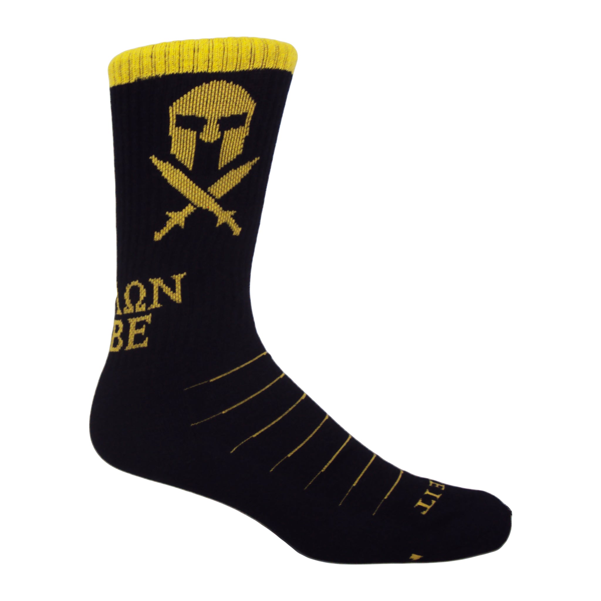 Molon Labe Spartan Crew Socks featuring a Spartan warrior design with swords and Greek text.