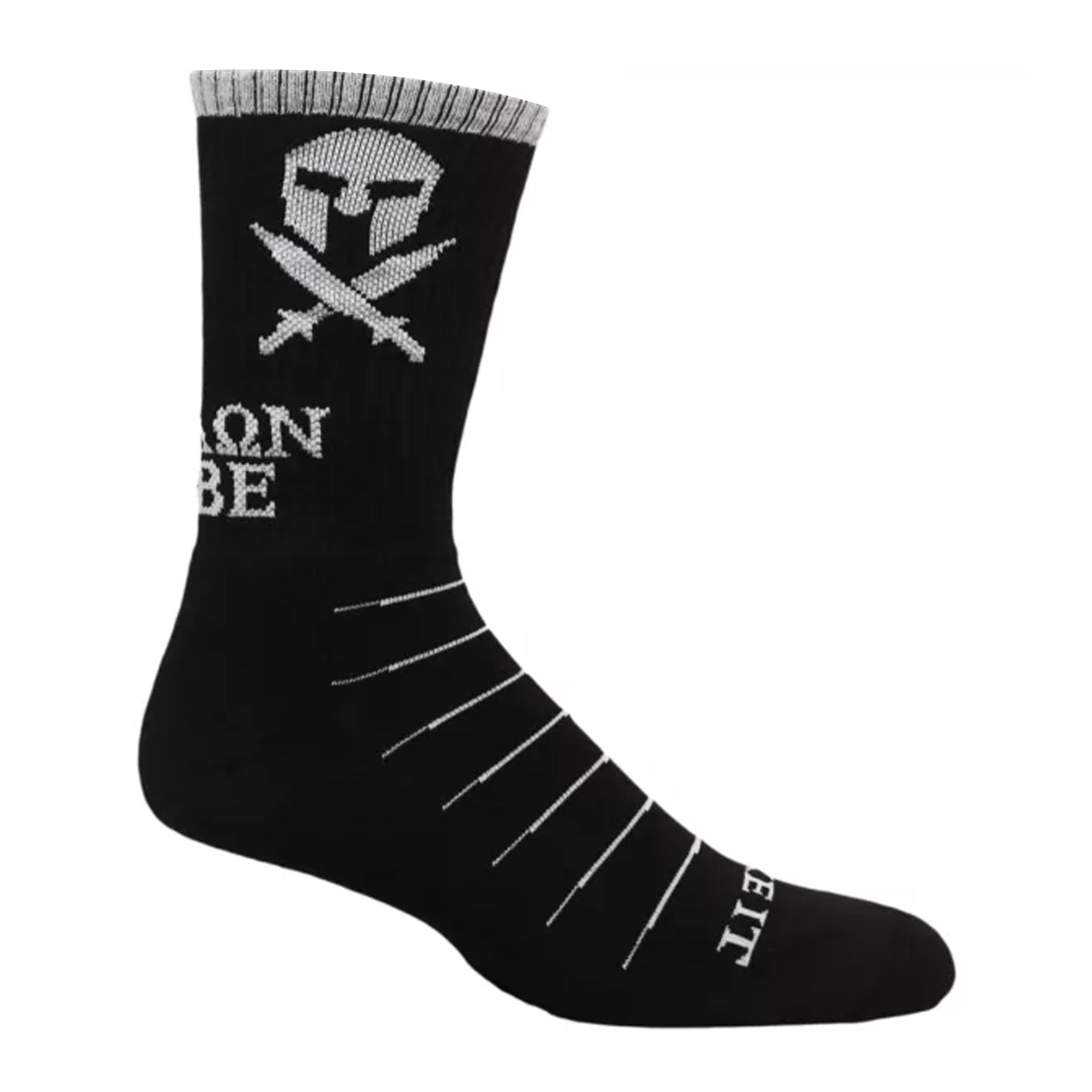 Molon Labe Spartan Crew Socks featuring a Spartan warrior design with swords and Greek text.