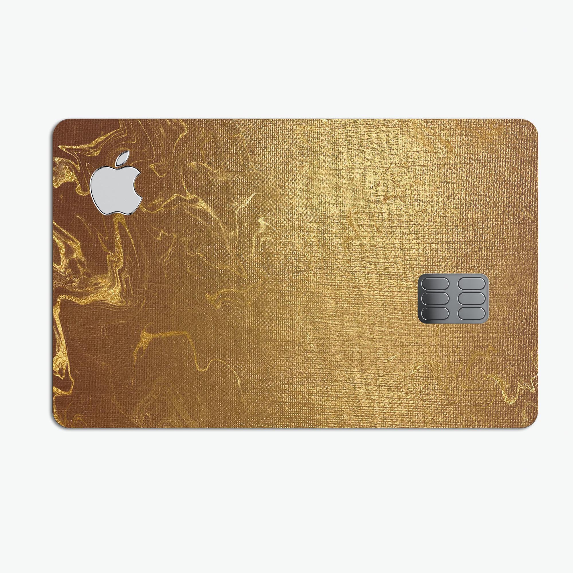 Molten Gold Digital Foil Swirl V11 skin applied on an Apple Card, showcasing its premium design and protective features.