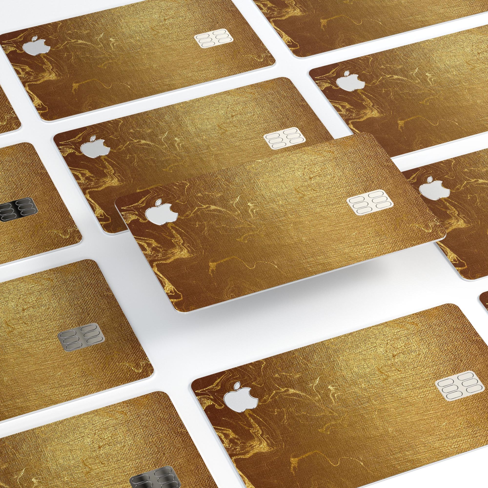 Molten Gold Digital Foil Swirl V11 skin applied on an Apple Card, showcasing its premium design and protective features.