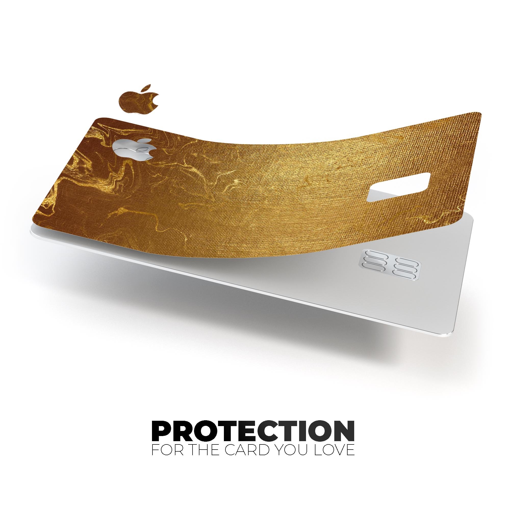 Molten Gold Digital Foil Swirl V11 skin applied on an Apple Card, showcasing its premium design and protective features.