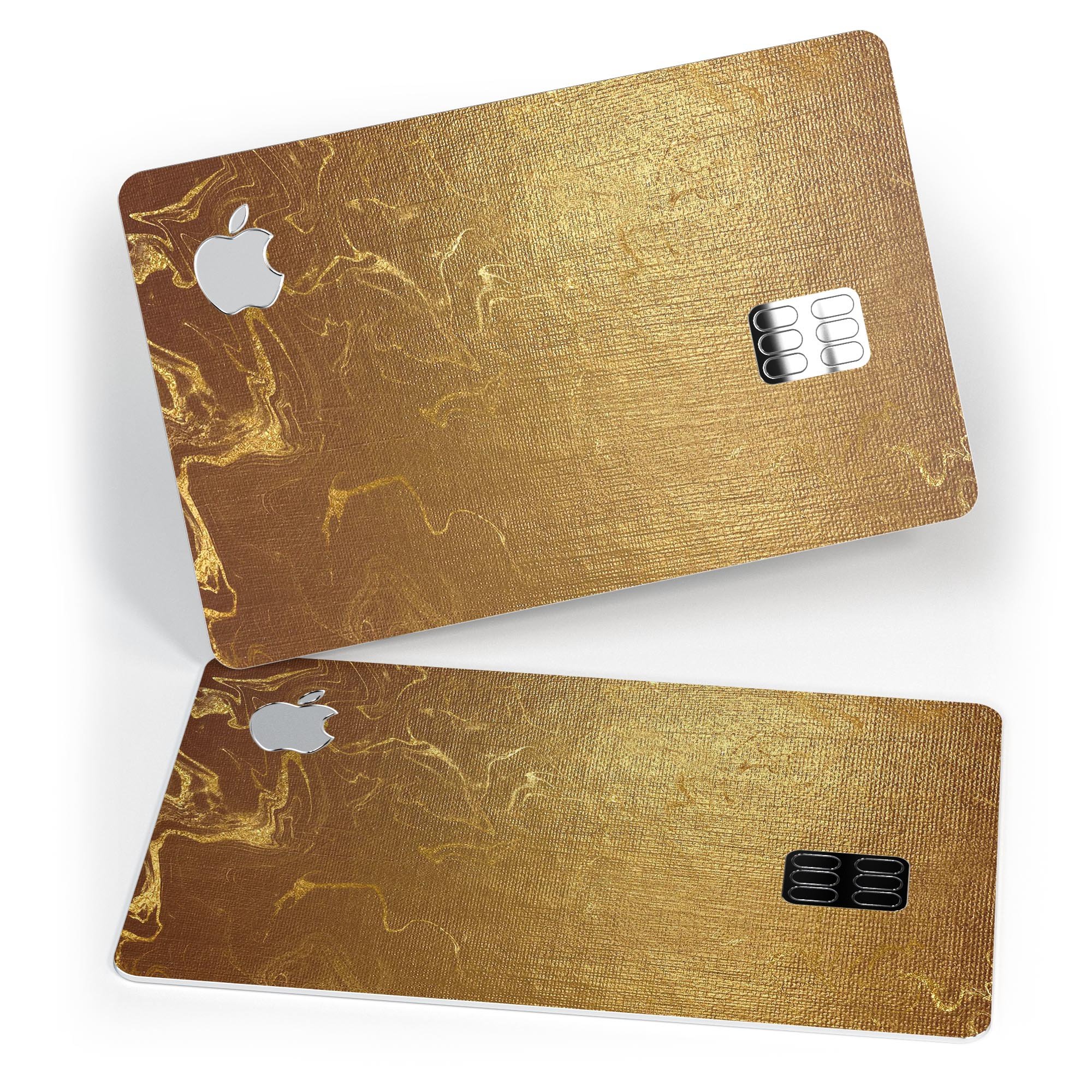 Molten Gold Digital Foil Swirl V11 skin applied on an Apple Card, showcasing its premium design and protective features.