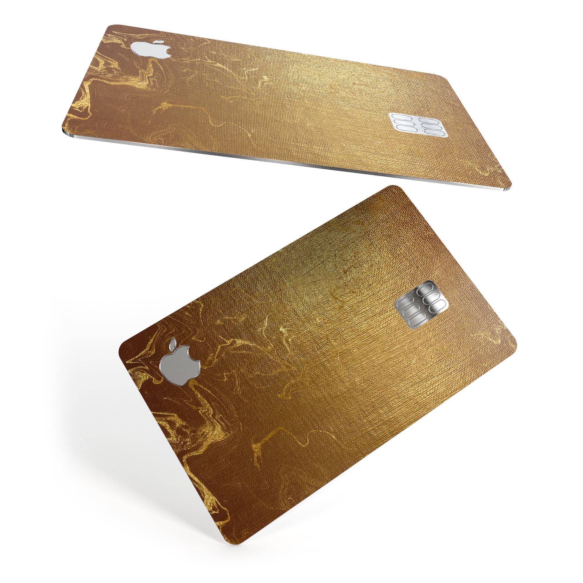 Molten Gold Digital Foil Swirl V11 skin applied on an Apple Card, showcasing its premium design and protective features.