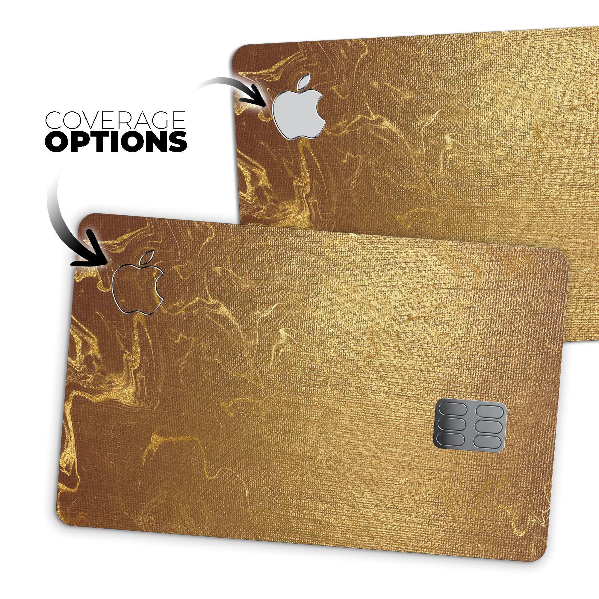 Molten Gold Digital Foil Swirl V11 skin applied on an Apple Card, showcasing its premium design and protective features.