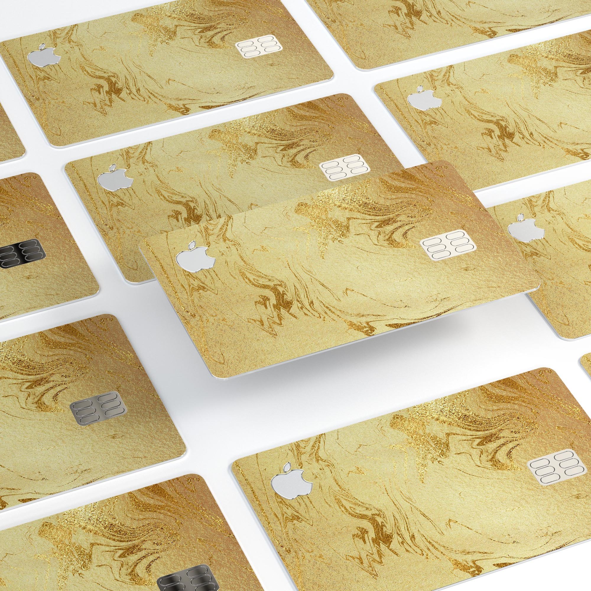 Molten Gold Digital Foil Swirl V10 skin applied on an Apple Card, showcasing its premium design and protective features.