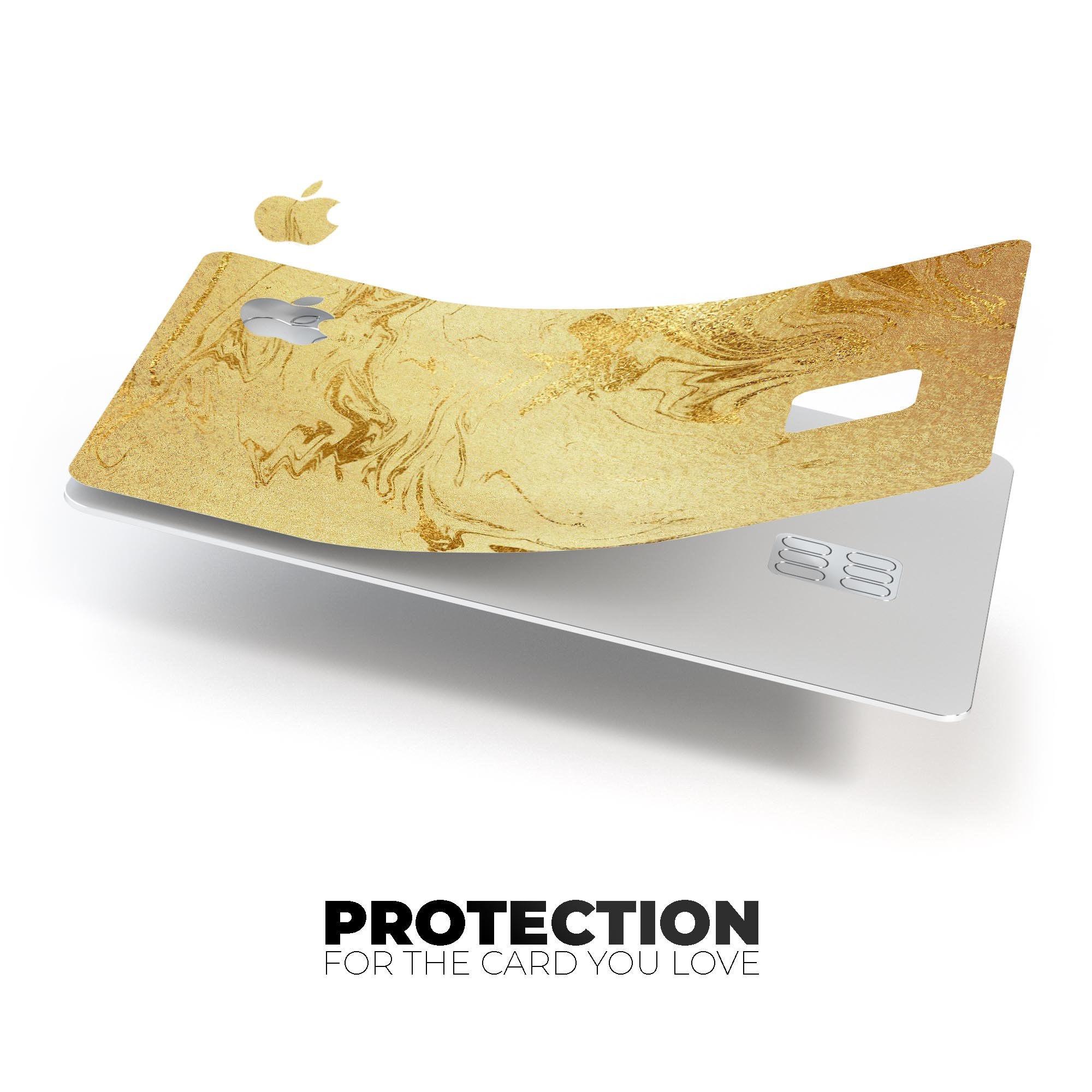 Molten Gold Digital Foil Swirl V10 skin applied on an Apple Card, showcasing its premium design and protective features.