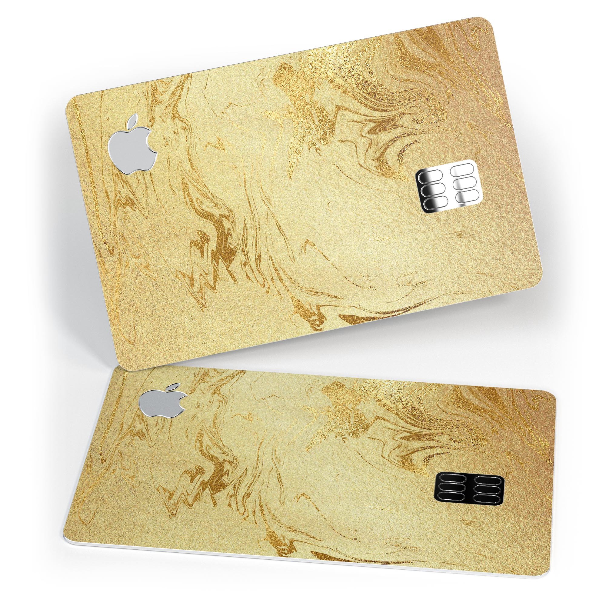 Molten Gold Digital Foil Swirl V10 skin applied on an Apple Card, showcasing its premium design and protective features.