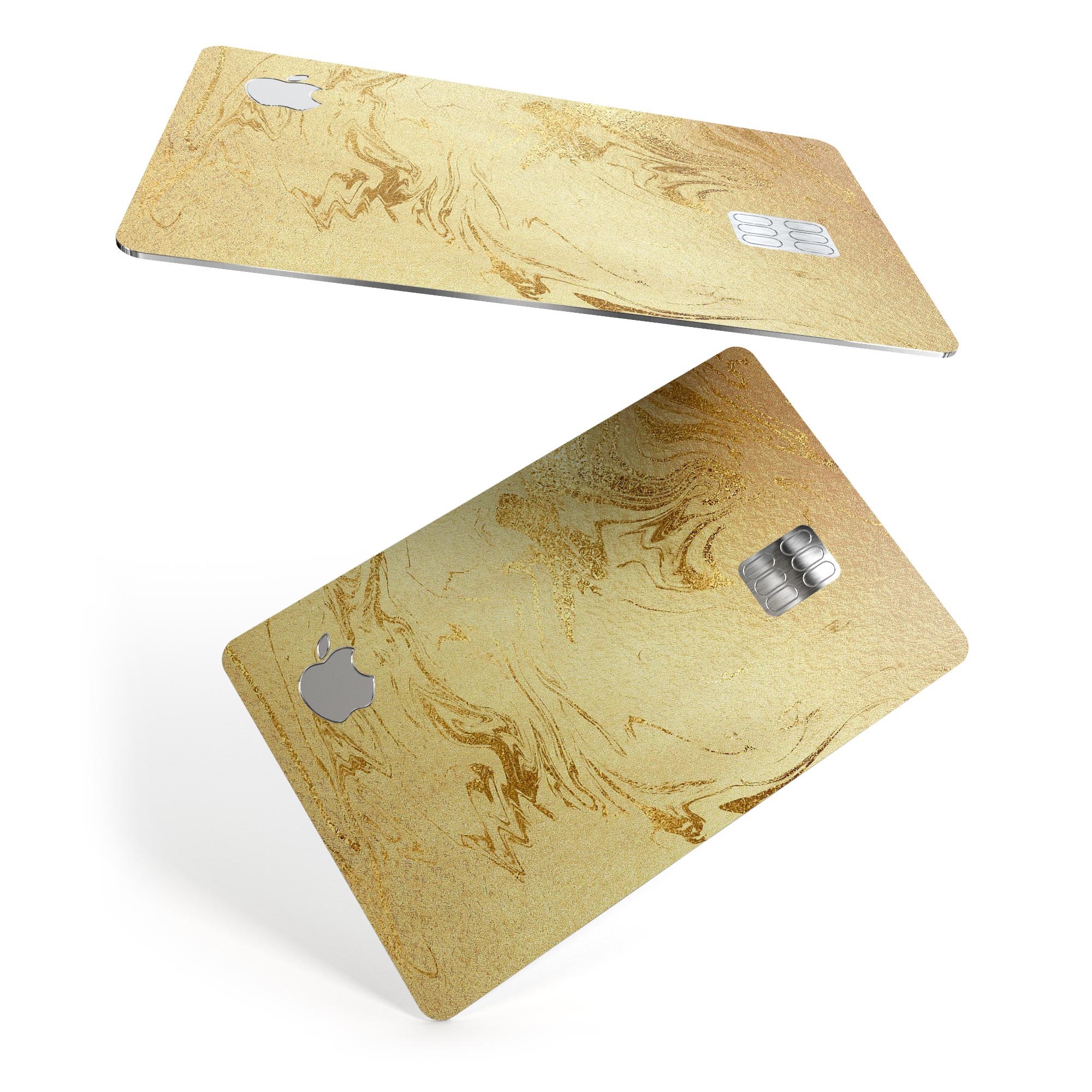 Molten Gold Digital Foil Swirl V10 skin applied on an Apple Card, showcasing its premium design and protective features.