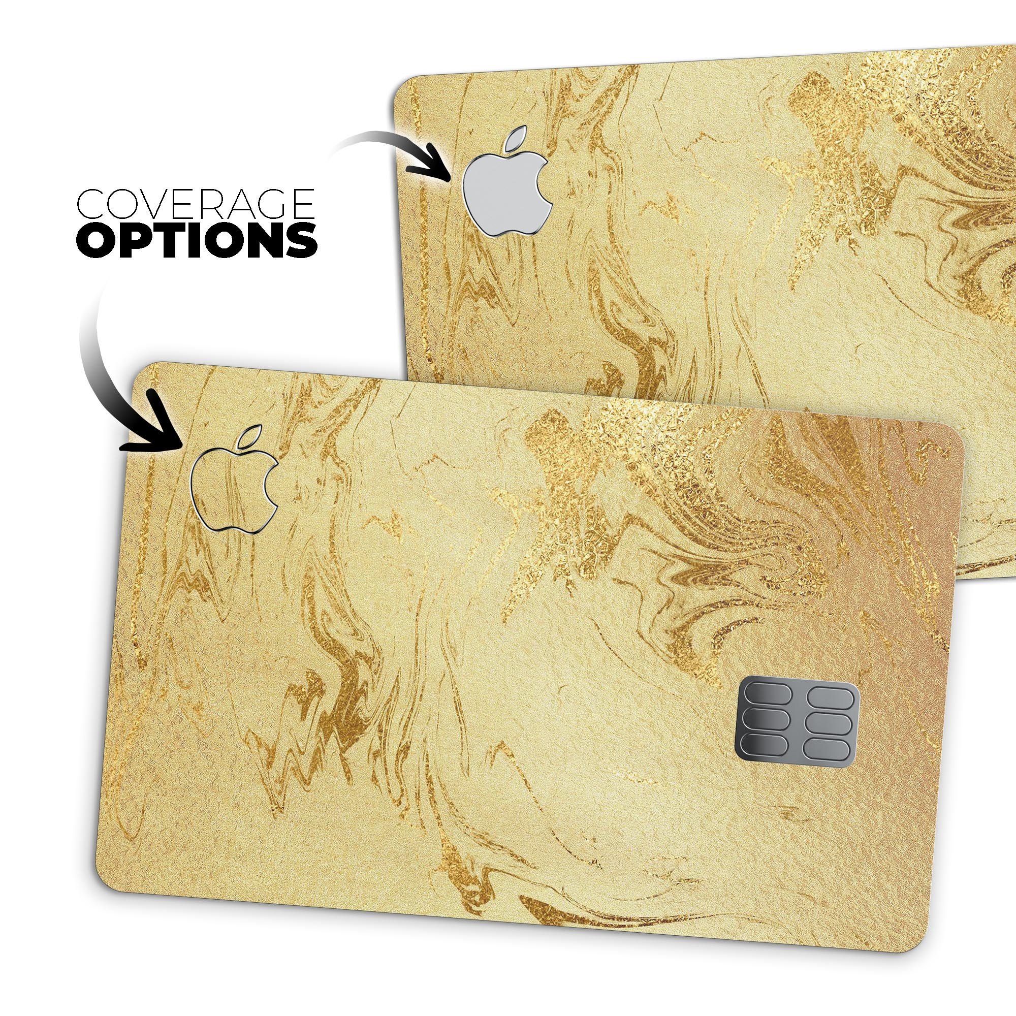 Molten Gold Digital Foil Swirl V10 skin applied on an Apple Card, showcasing its premium design and protective features.