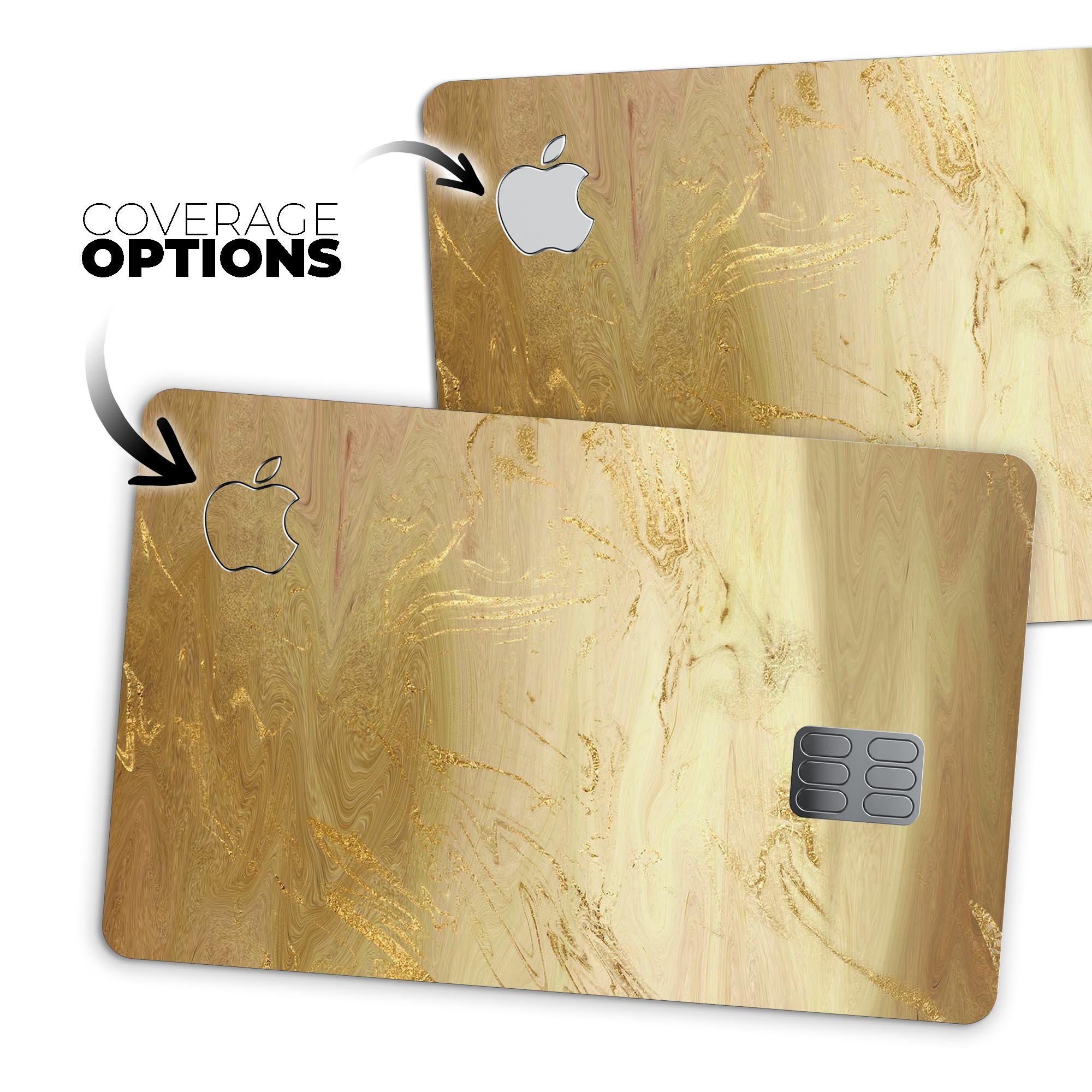 Molten Gold Digital Foil Swirl V12 skin kit for Apple Card, showcasing premium vinyl design and bubble-free installation.