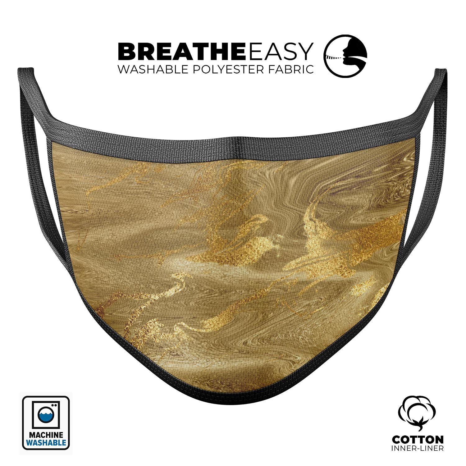 Molten Gold Digital Foil Swirl V4 unisex mouth cover, showcasing vibrant colors and adjustable ear loops for a comfortable fit.