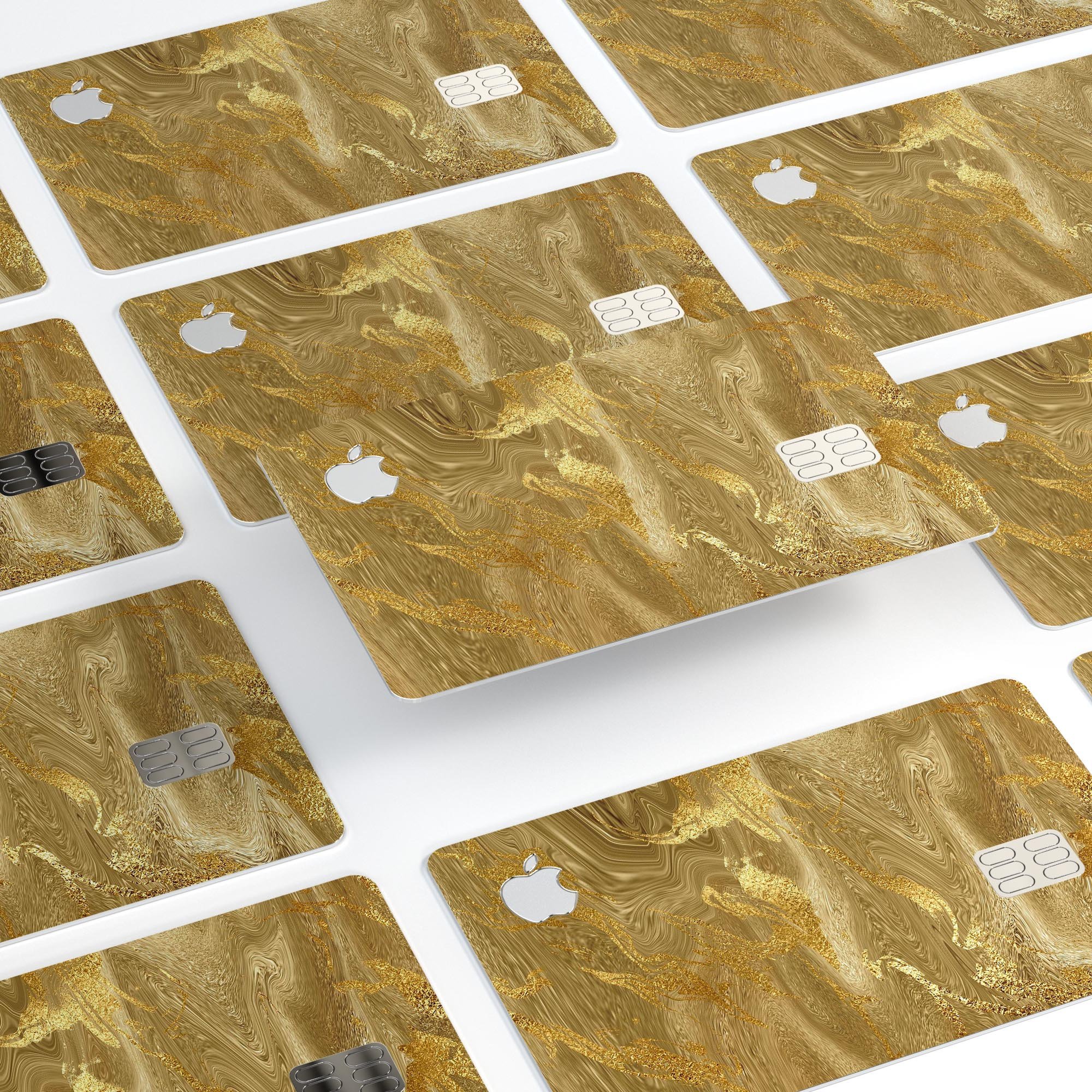 Molten Gold Digital Foil Swirl V4 skin kit for Apple Card, showcasing a premium protective vinyl design with a glossy finish.