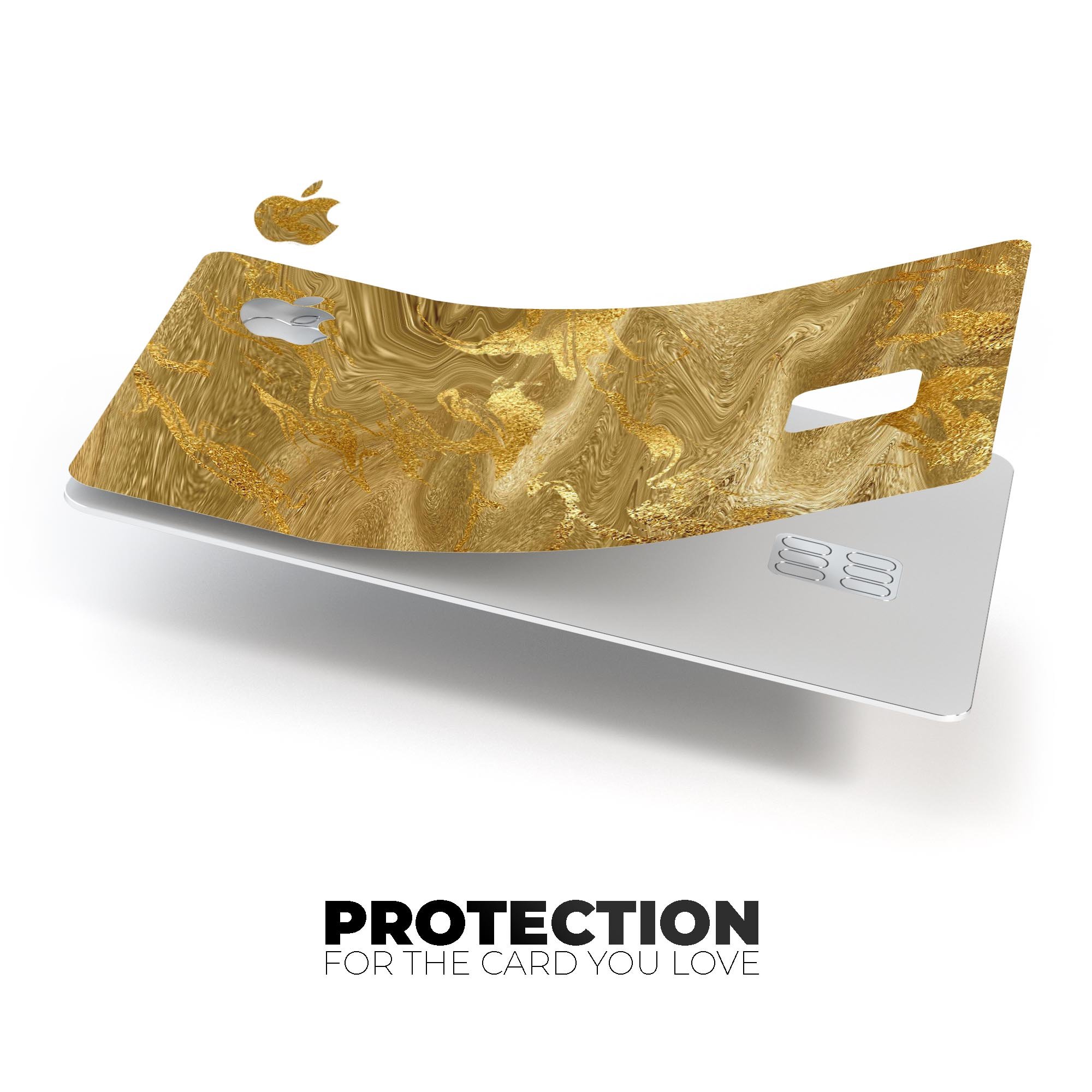 Molten Gold Digital Foil Swirl V4 skin kit for Apple Card, showcasing a premium protective vinyl design with a glossy finish.