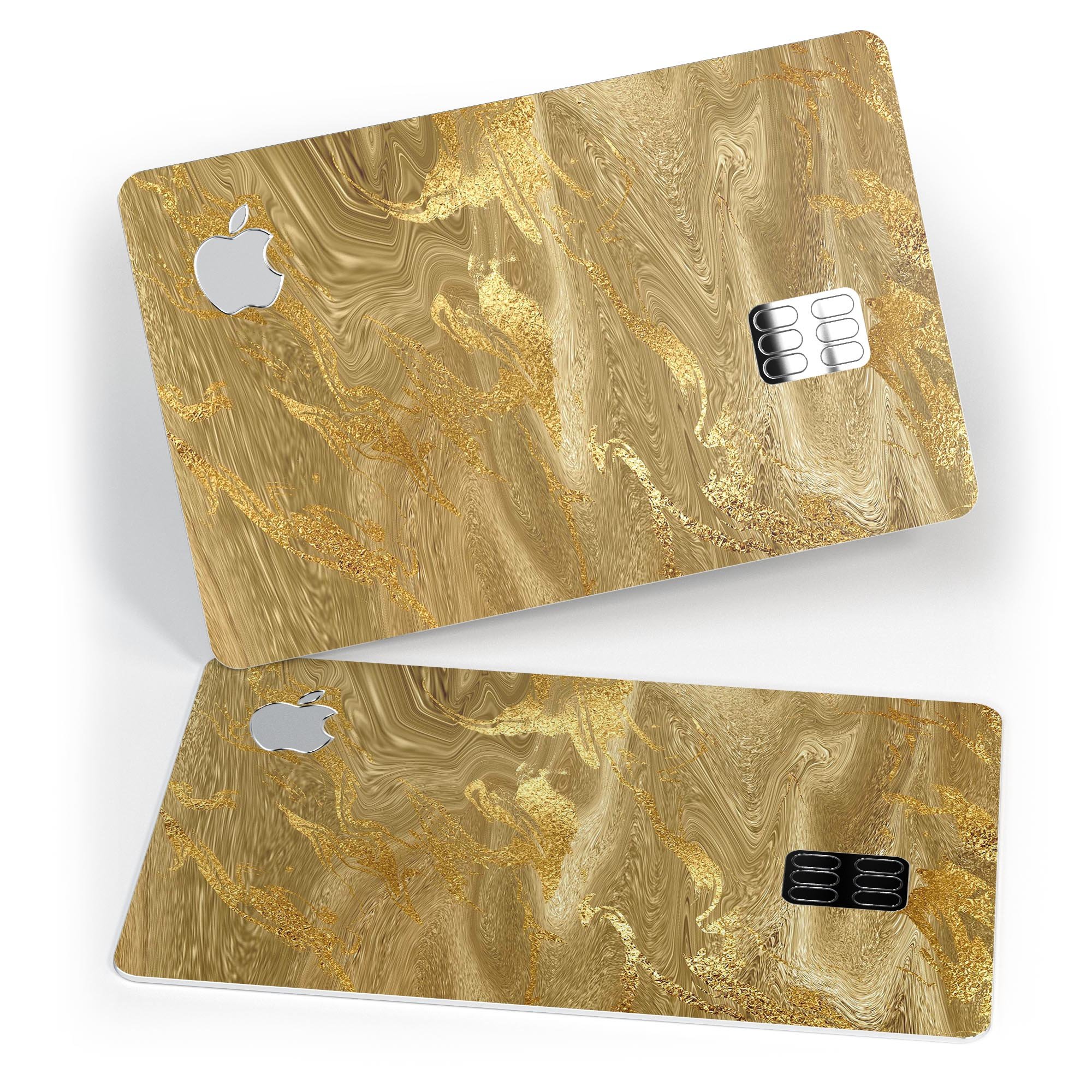 Molten Gold Digital Foil Swirl V4 skin kit for Apple Card, showcasing a premium protective vinyl design with a glossy finish.