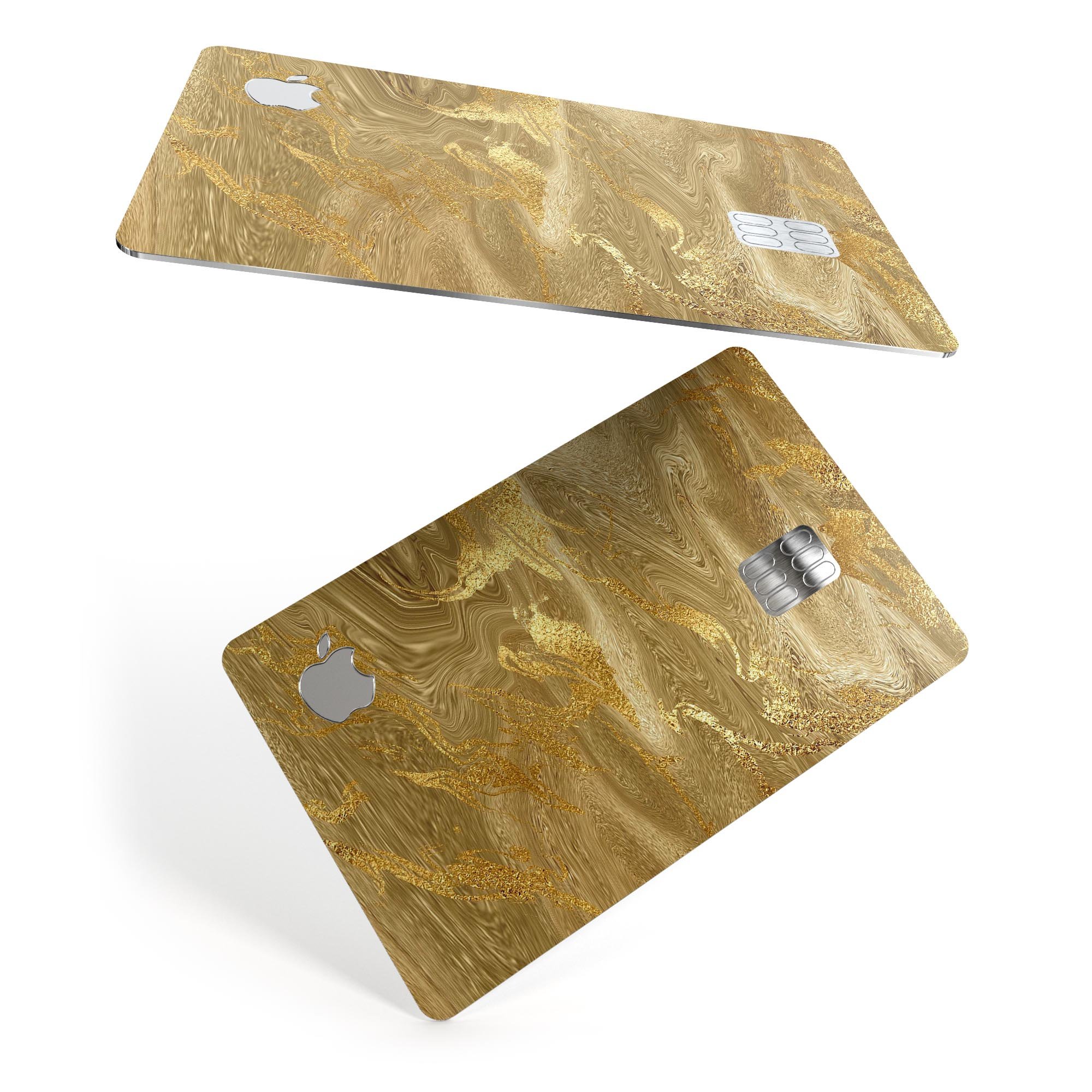 Molten Gold Digital Foil Swirl V4 skin kit for Apple Card, showcasing a premium protective vinyl design with a glossy finish.