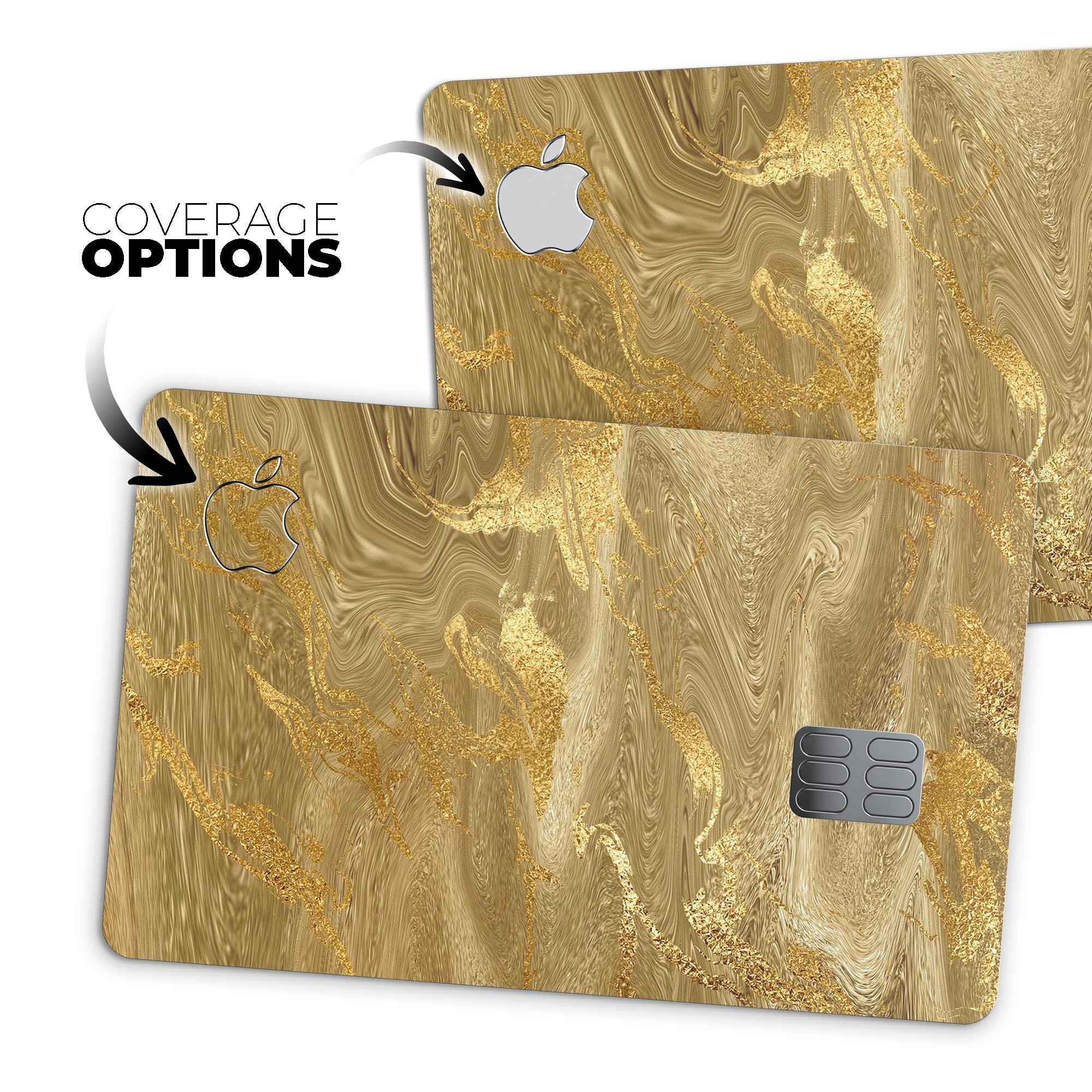 Molten Gold Digital Foil Swirl V4 skin kit for Apple Card, showcasing a premium protective vinyl design with a glossy finish.