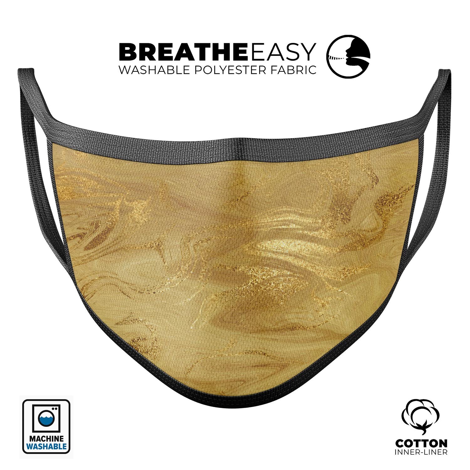 Molten Gold Digital Foil Swirl V5 unisex mouth cover, showcasing a stylish design with adjustable ear loops, made in the USA.