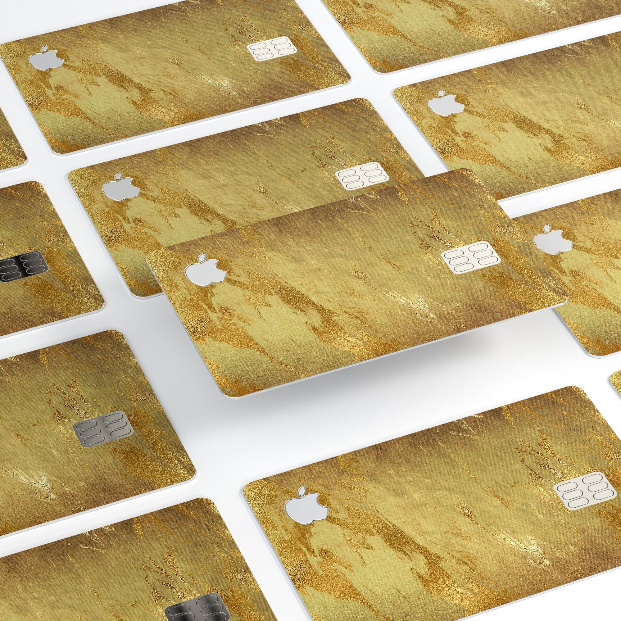 Molten Gold Digital Foil Swirl V6 skin applied to an Apple Card, showcasing its premium design and protective features.