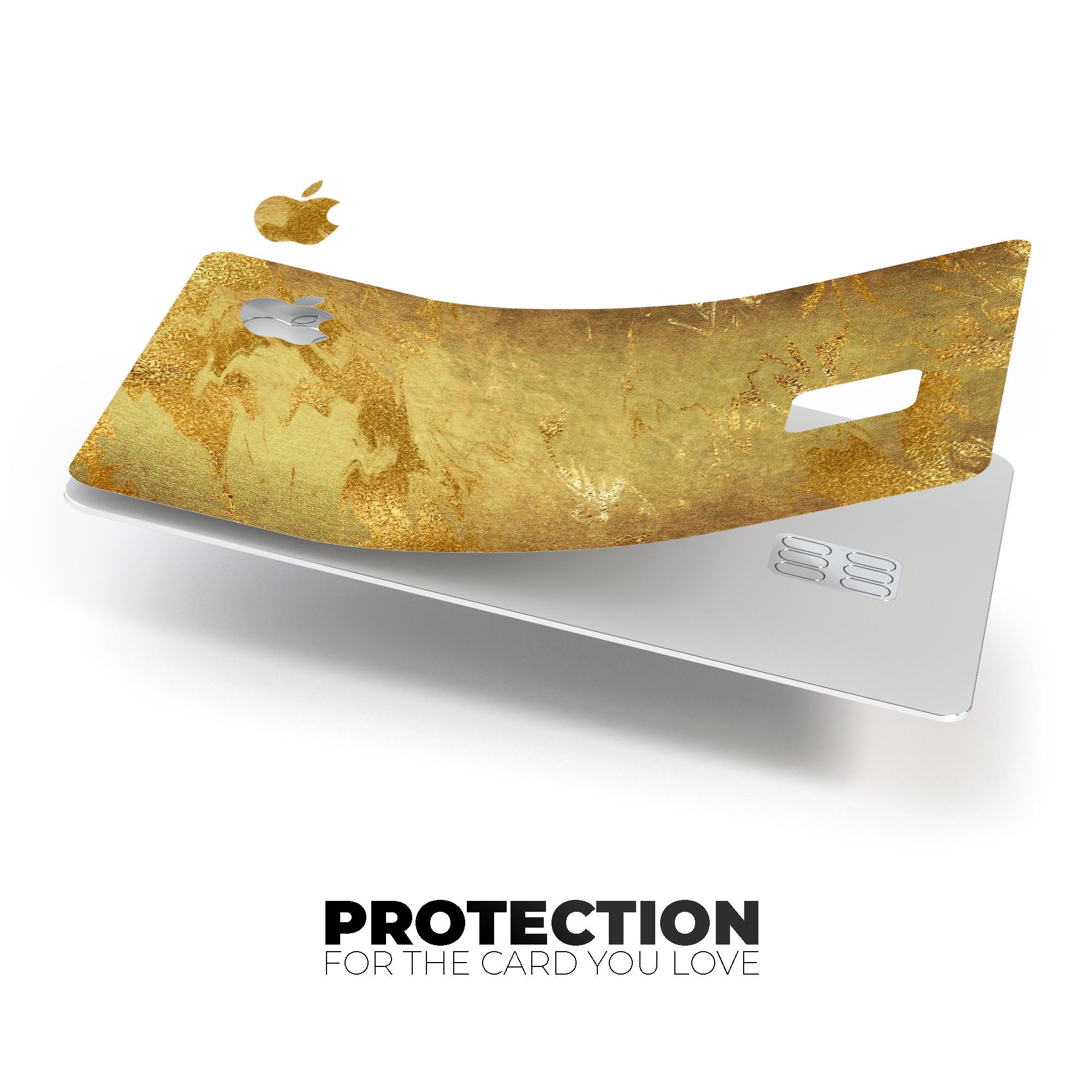 Molten Gold Digital Foil Swirl V6 skin applied to an Apple Card, showcasing its premium design and protective features.