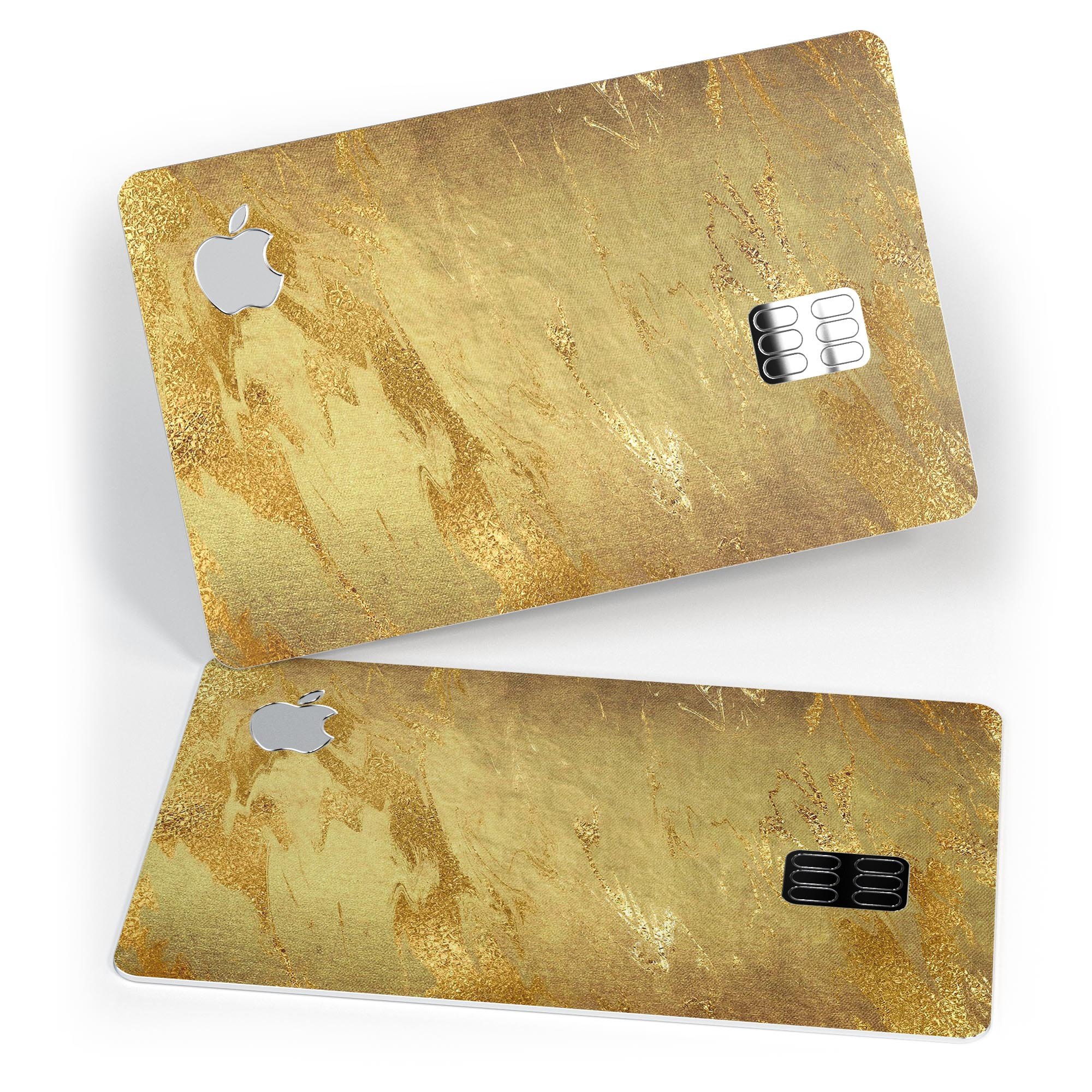 Molten Gold Digital Foil Swirl V6 skin applied to an Apple Card, showcasing its premium design and protective features.