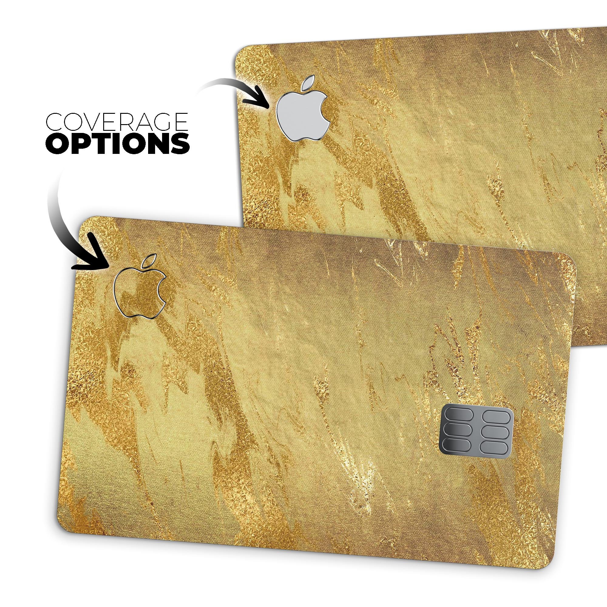 Molten Gold Digital Foil Swirl V6 skin applied to an Apple Card, showcasing its premium design and protective features.