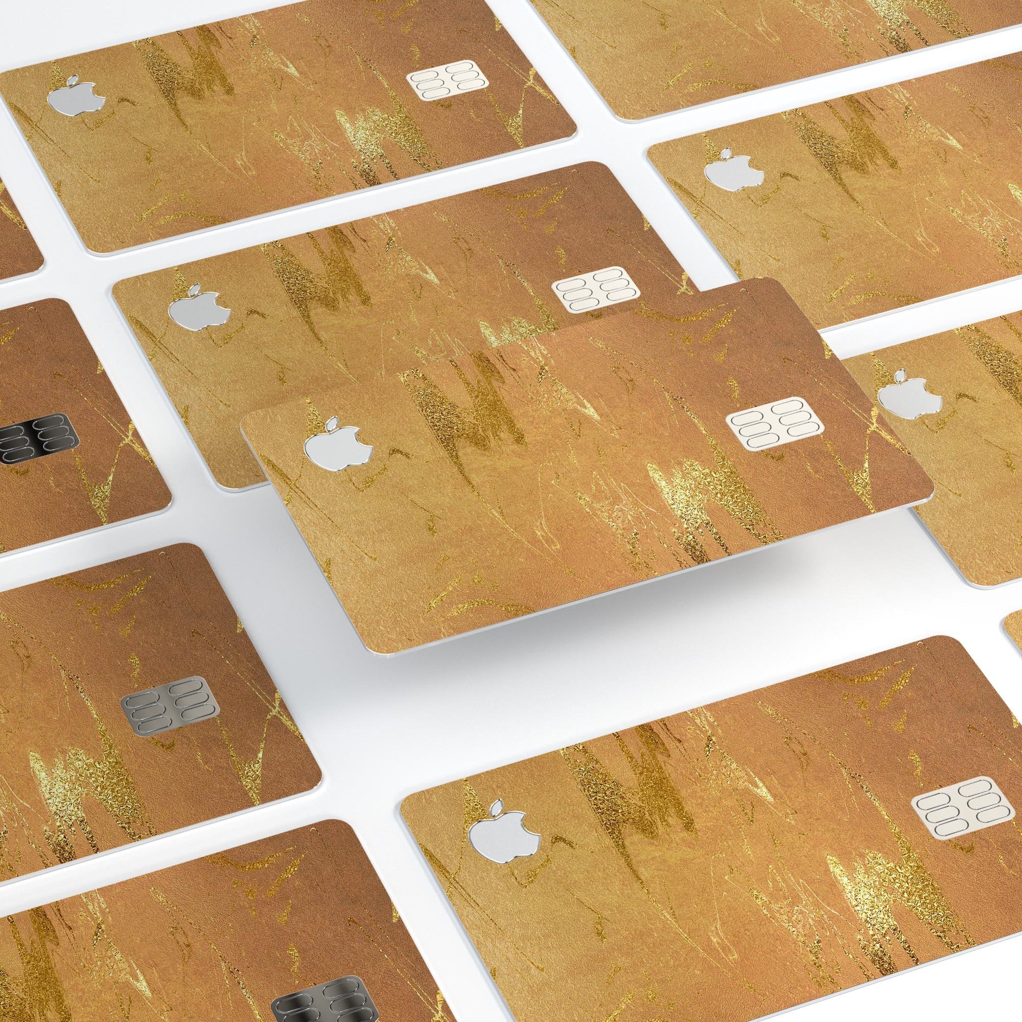 Molten Gold Digital Foil Swirl V8 skin applied on an Apple Card, showcasing its elegant design and protective features.