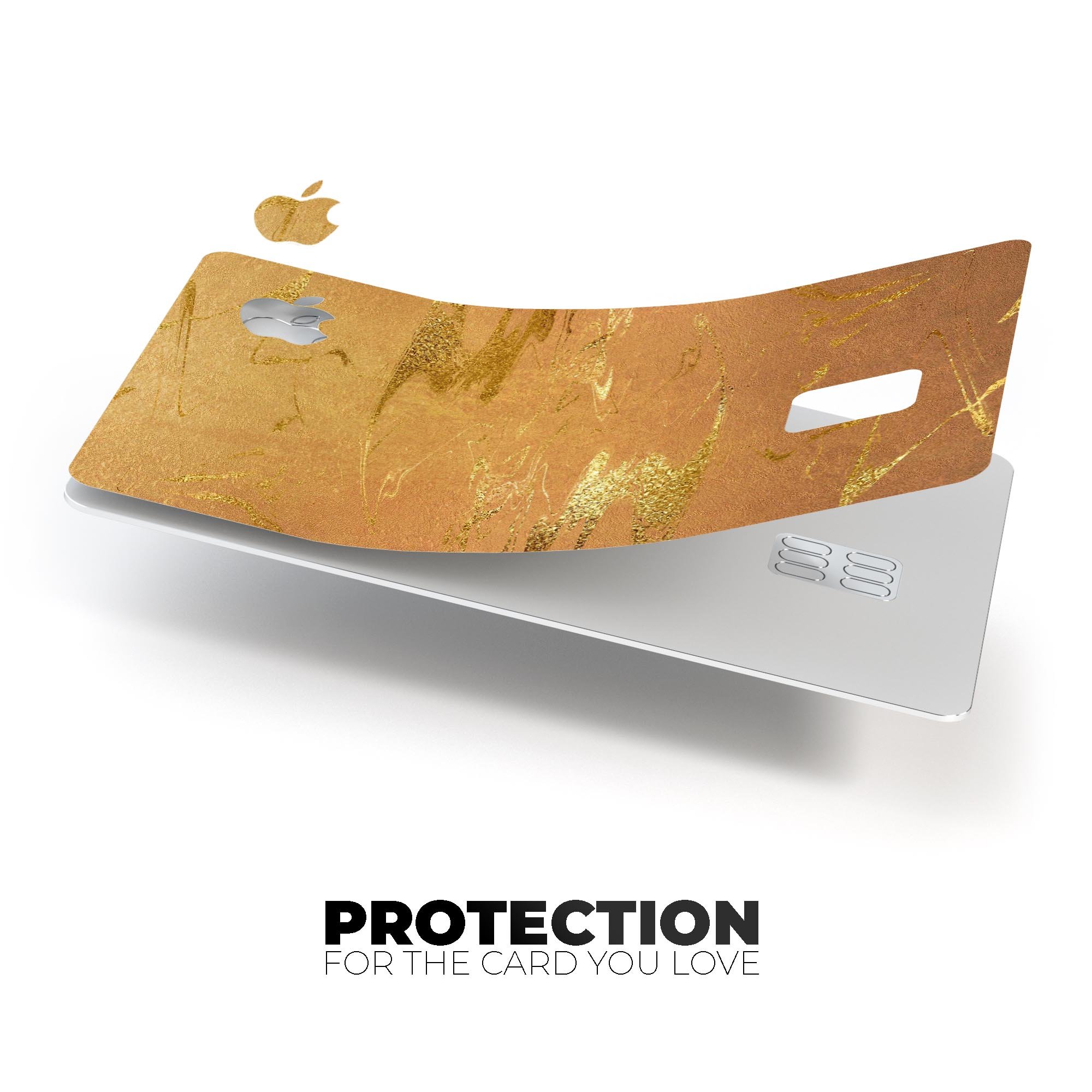 Molten Gold Digital Foil Swirl V8 skin applied on an Apple Card, showcasing its elegant design and protective features.