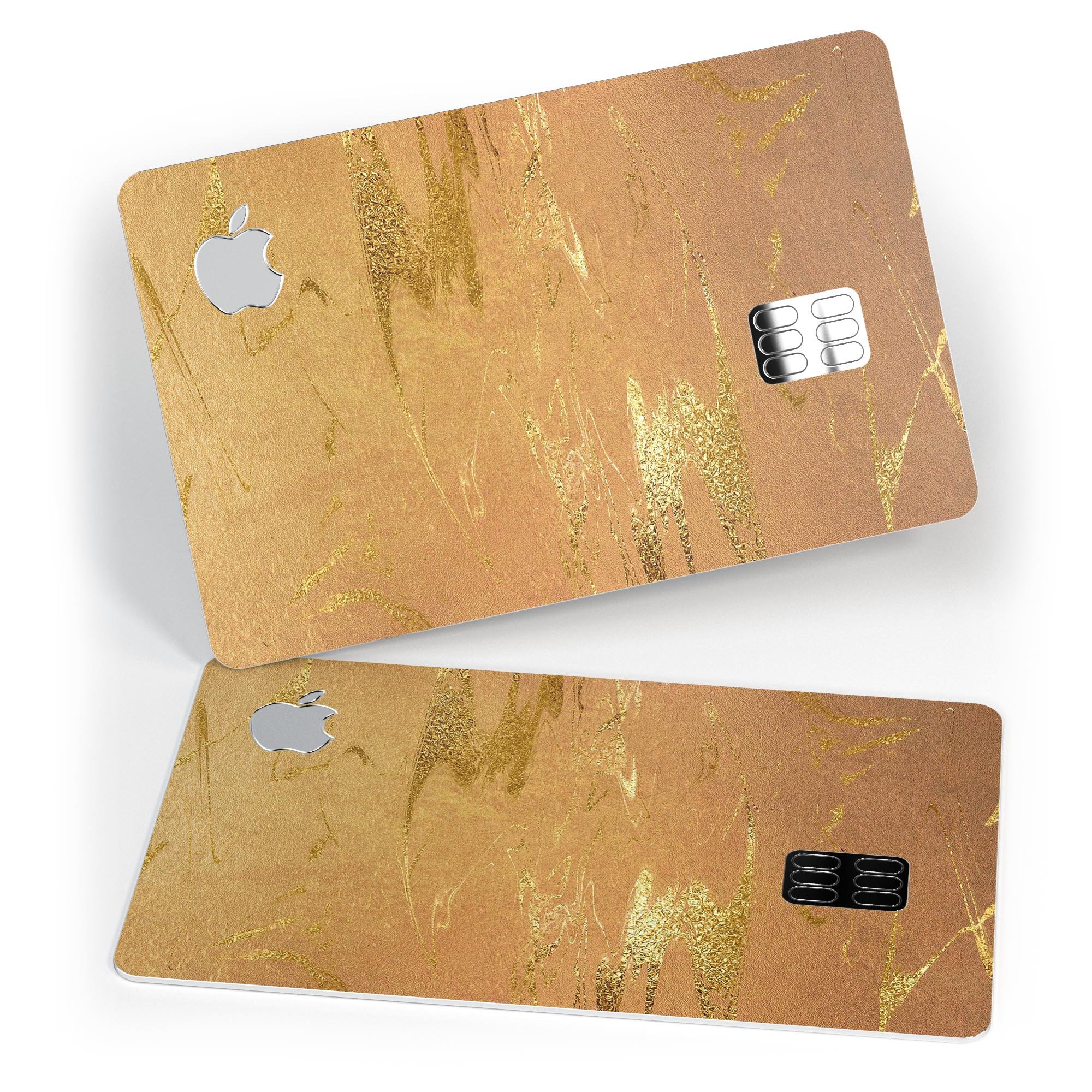 Molten Gold Digital Foil Swirl V8 skin applied on an Apple Card, showcasing its elegant design and protective features.