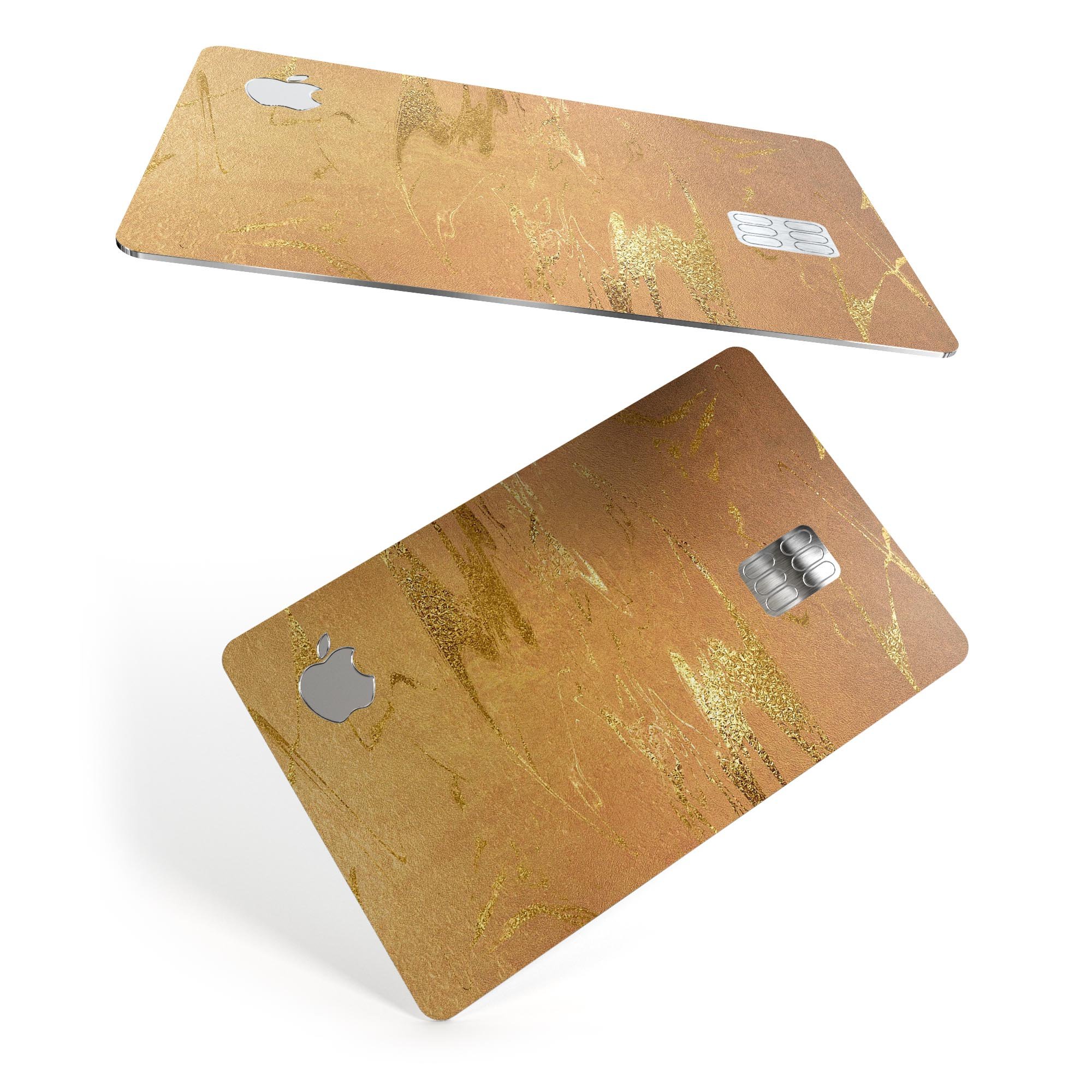 Molten Gold Digital Foil Swirl V8 skin applied on an Apple Card, showcasing its elegant design and protective features.