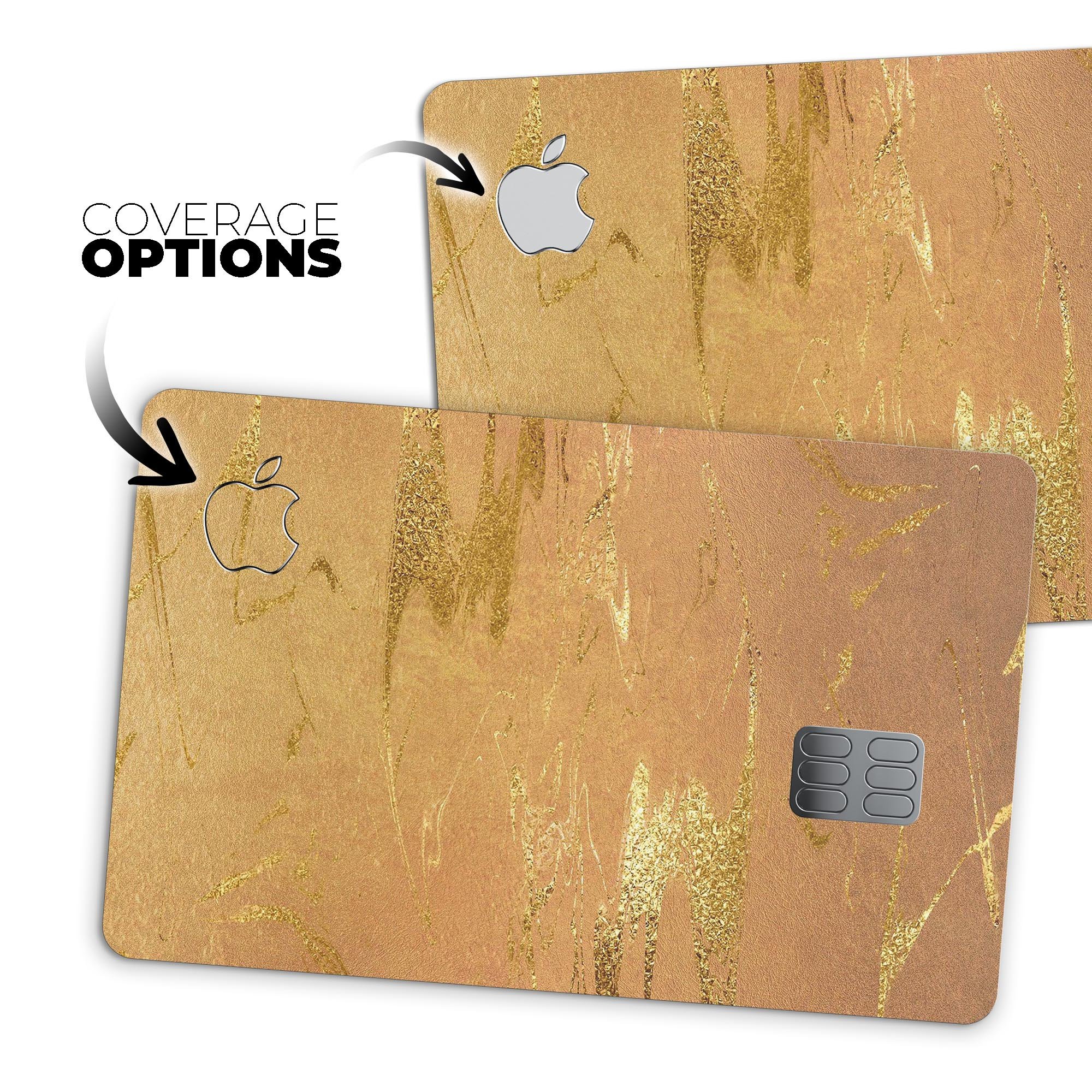 Molten Gold Digital Foil Swirl V8 skin applied on an Apple Card, showcasing its elegant design and protective features.