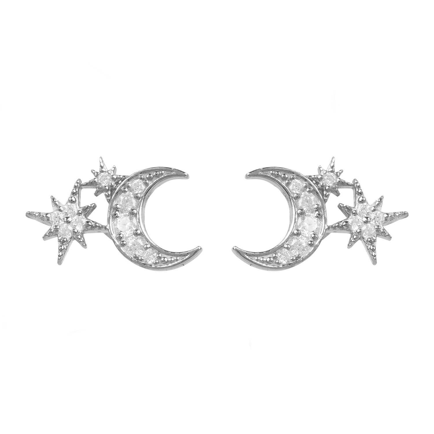 Moon and Starburst Mini Earrings in silver featuring a crescent moon and two stars, adorned with sparkling white zircons.