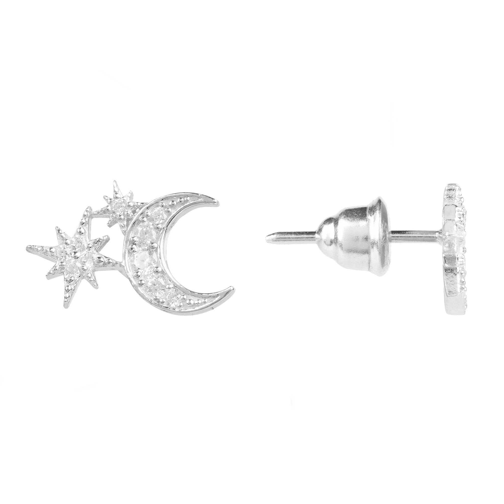 Moon and Starburst Mini Earrings in silver featuring a crescent moon and two stars, adorned with sparkling white zircons.