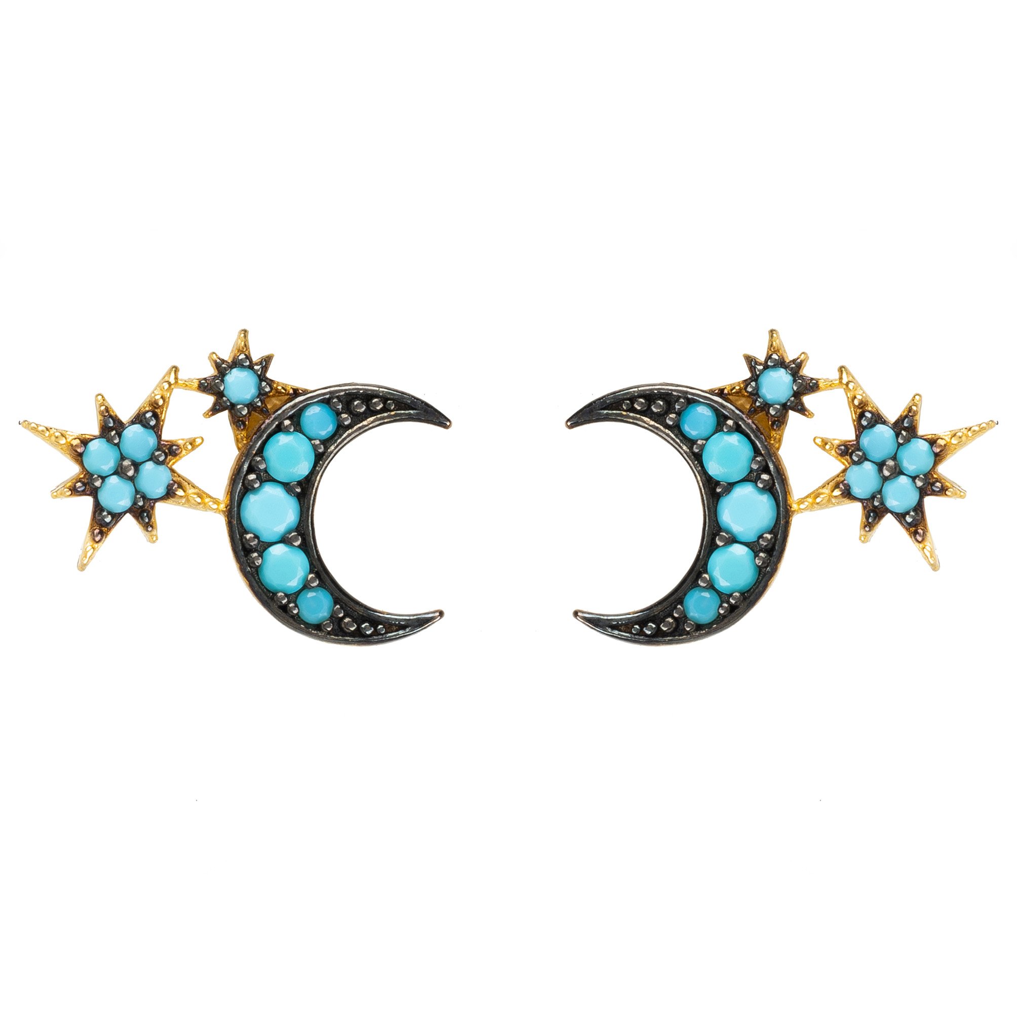 Moon and Starburst Mini Earrings in Turquoise featuring a crescent moon and stars, crafted from sterling silver and adorned with turquoise cubic zirconia.